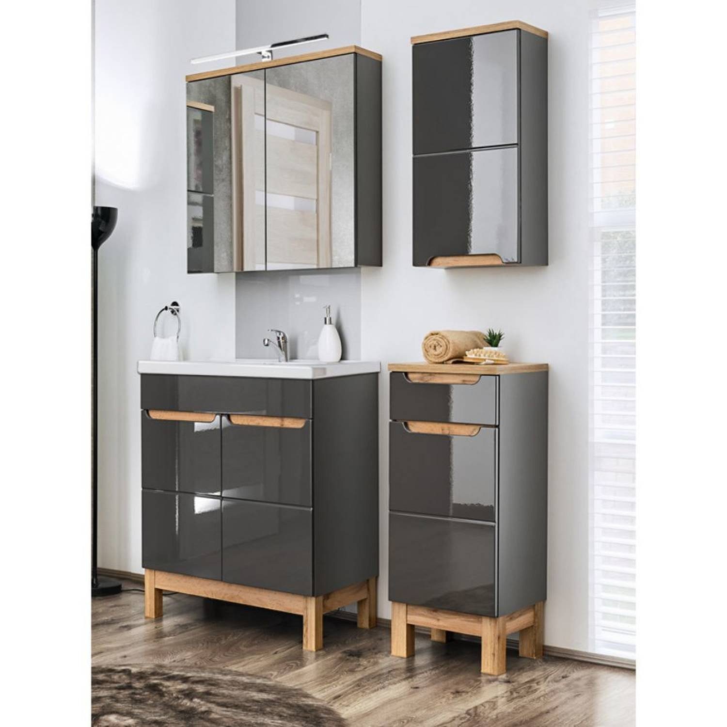 lomadox badmöbel-set »solna-56«, (spar-set, 6-tlg), badezimmermöbel mit  waschtisch mit keramik-becken in hochglanz grau, b/h/t ca.: 110/200/46 cm