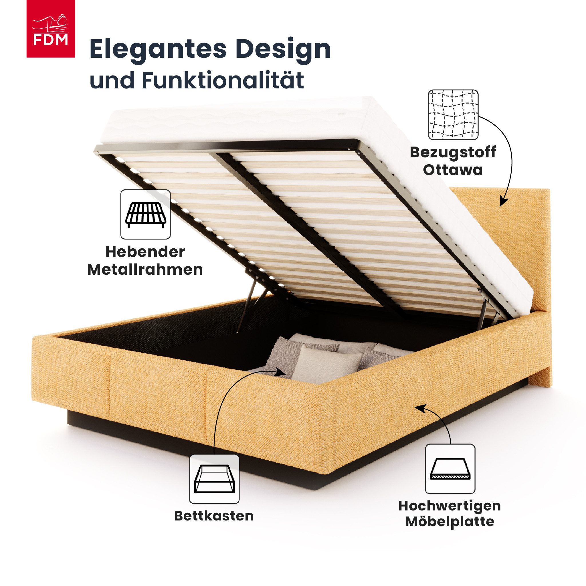 FDM Polsterbett ALMADA modern mit Bettkasten MADE IN EU - mit Ottawa Bezug (verfügbar 90x200 120x200 140x200 160x200 180x200cm, Bettrahmen, Bett, mit großen gepolsterten Kopfteil, mit Bettkasten zum aufklappen), Hebbarer Metallrahmen, Bettkasten