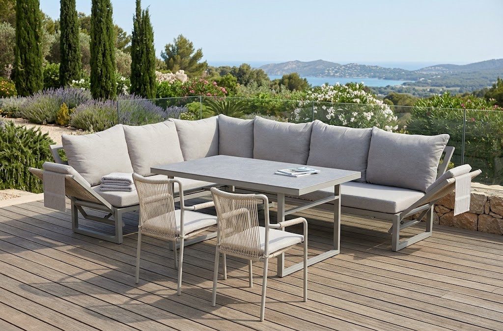 Gardissimo Gartenlounge-Set San Remo XL Dining Ecklounge Set mit Esstisch Aluminium Rope, (Spar-Set, 4-tlg., Eckelement + 2 Stapelstühle + hoher Tisch + Auflagen), Armlehnen stufenlos verstellbar / wetterfest