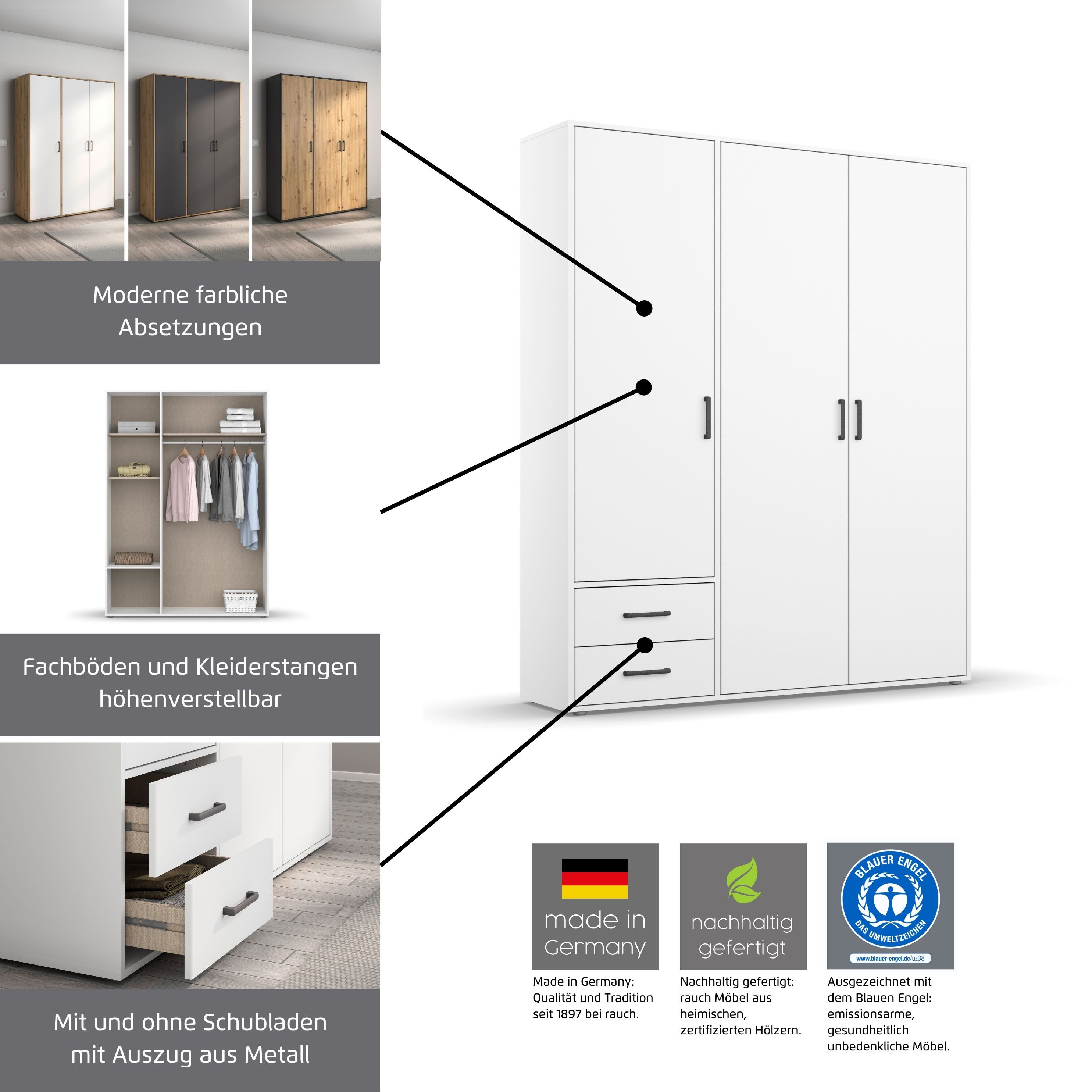 rauch Kleiderschrank VOYAGER Garderobe Wäscheschrank TOPSELLER Schlafzimmer (in 3 verschiedenen Ausstattungen BASIC/CLASSIC/PREMIUM) mit 2 modernen Griffvarianten, viel Stauraum MADE IN GERMANY