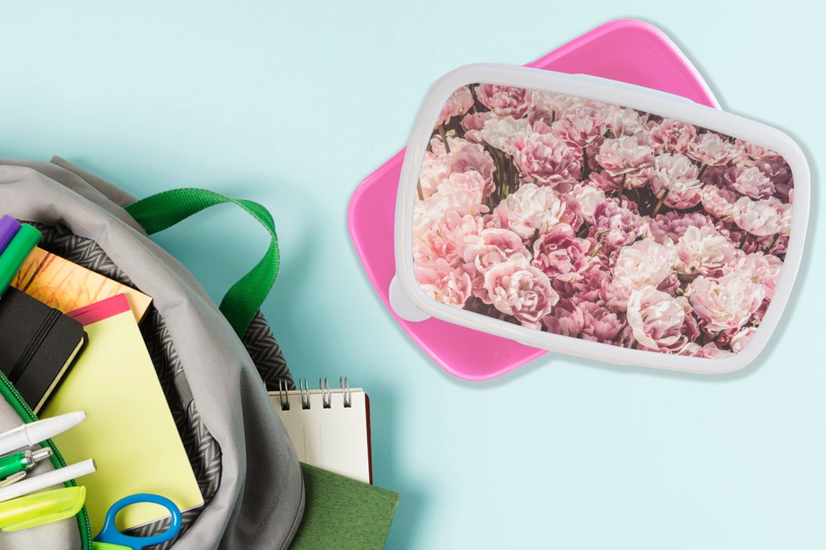 für MuchoWow - Brotdose Kunststoff Kinder, Mädchen, Brotbox - Blumen Erwachsene, Kunststoff, Rosa, (2-tlg), Lunchbox Natur Snackbox,