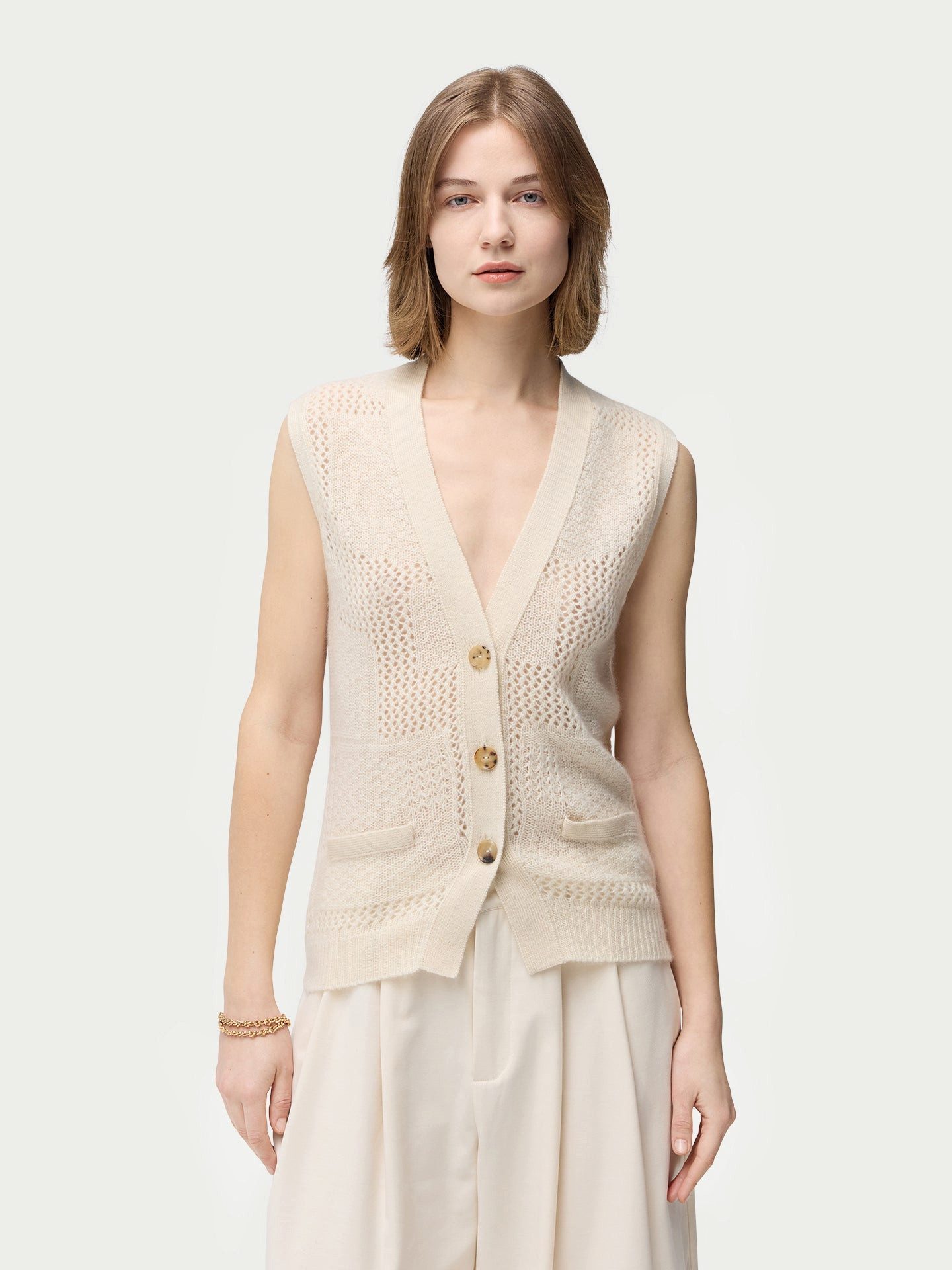 GOBI Cashmere Strickweste Naturfarbe Kaschmirweste mit gemischten Mustern