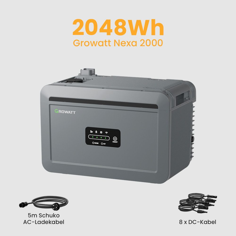 Growatt Balkonkraftwerk 900W Bifazial PV mit Speicher Growatt NEXA 2000 2048Wh All-in-One LFP, (2x JA Solar 450Wp Full Black und NEXA 2000 All-in-One Speicher), WiFi & Bluetooth-Unterstützung