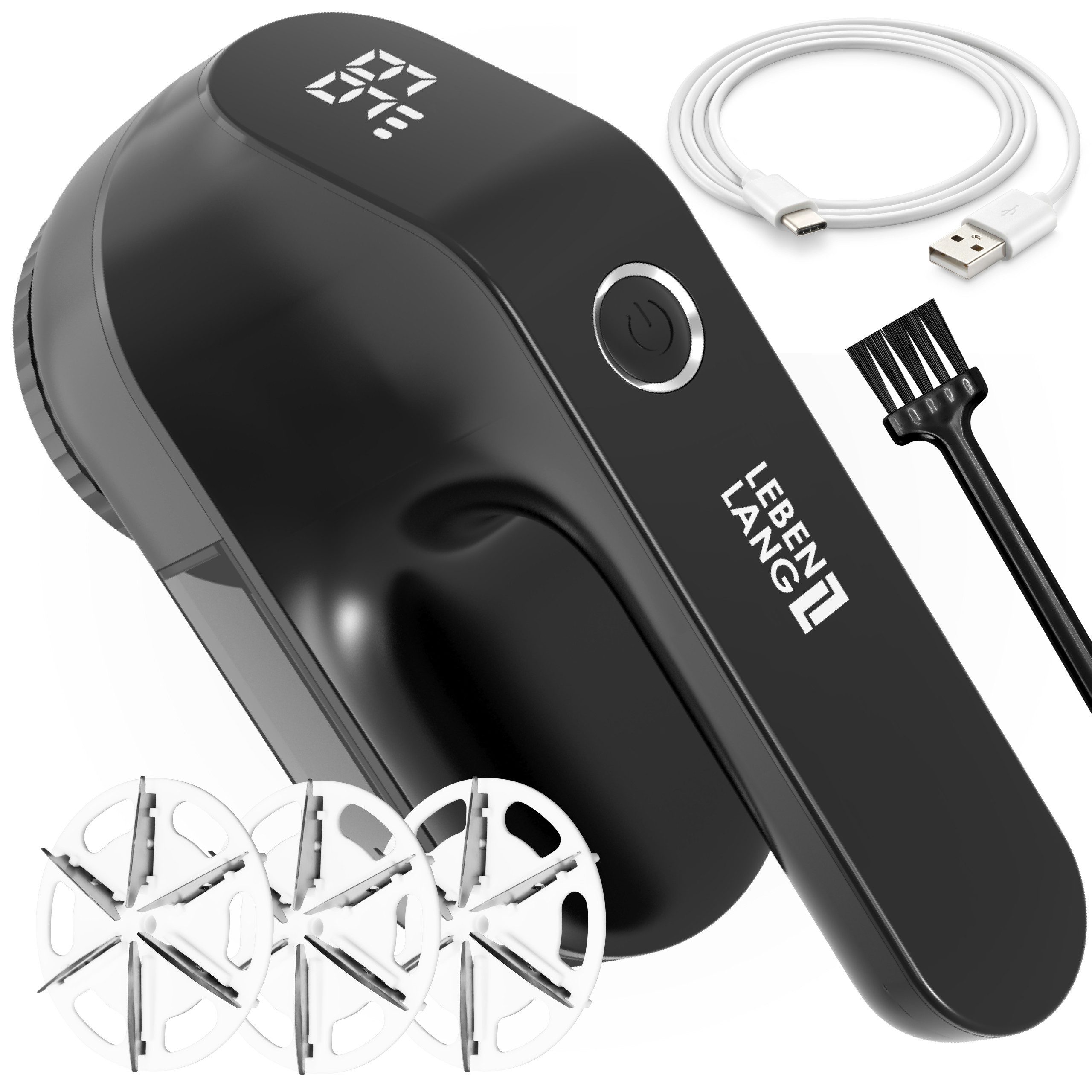 Lebenlang Fusselrasierer Elektrisch - 2000mAh & 2h Laufzeit mit LED-Anzeige & Reinigungspinsel, 3 Ersatzklingen, 6,5cm Schneidekopf, Inkl. Ladekabel & kurze Ladedauer
