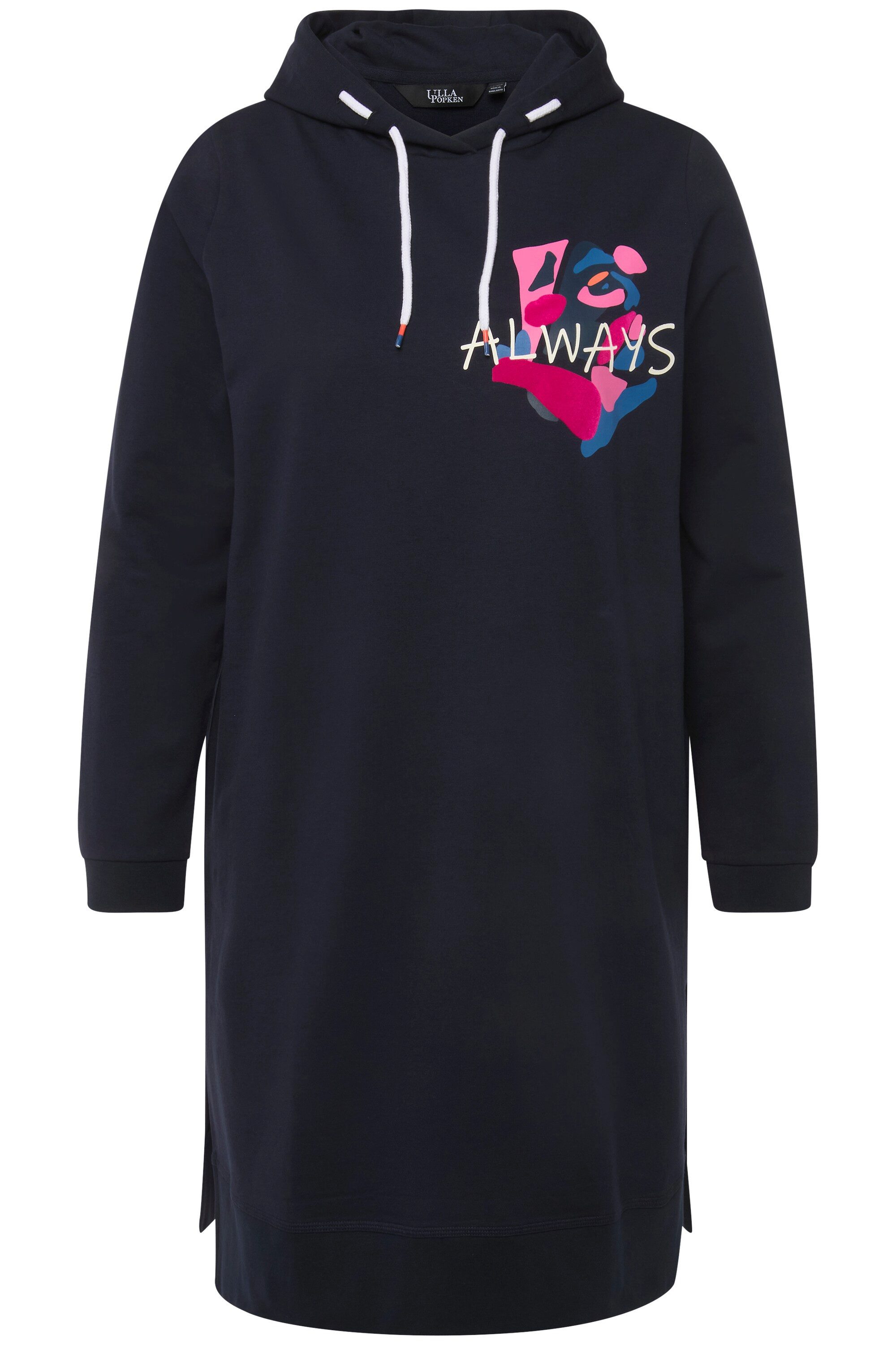 Ulla Popken Sweatshirt Long-Hoodie Schriftmotiv Seitenschlitze Langarm günstig online kaufen