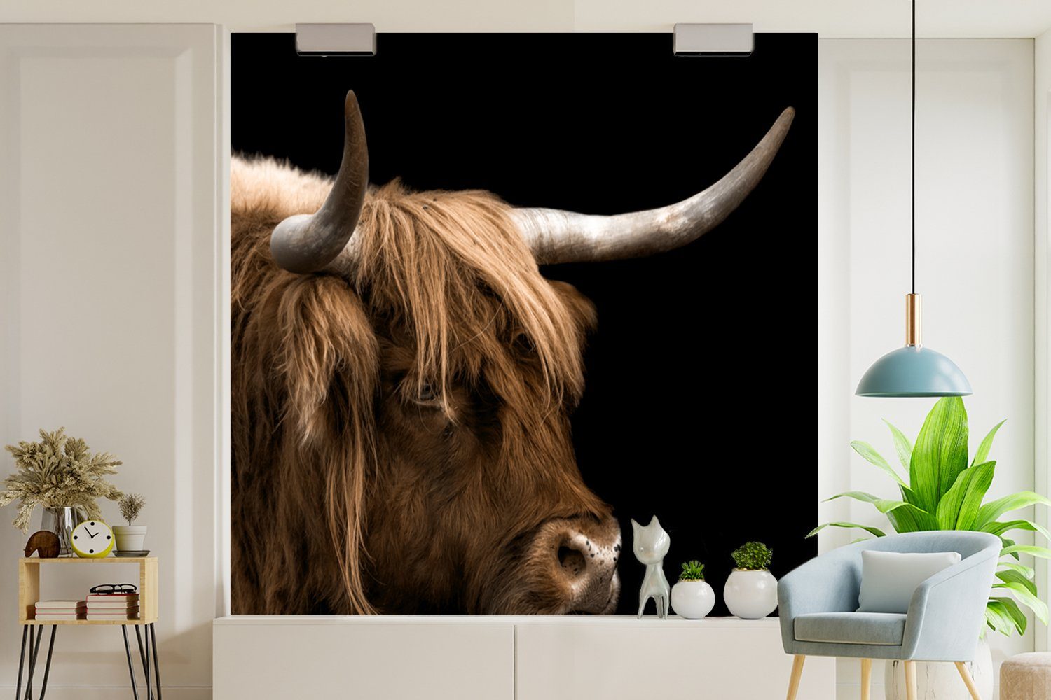 MuchoWow Fototapete Schottischer Highlander bedruckt, Wohnzimmer - Fototapete (4 für - Matt, Schlafzimmer Küche, Kuh, Tiere Vliestapete St)