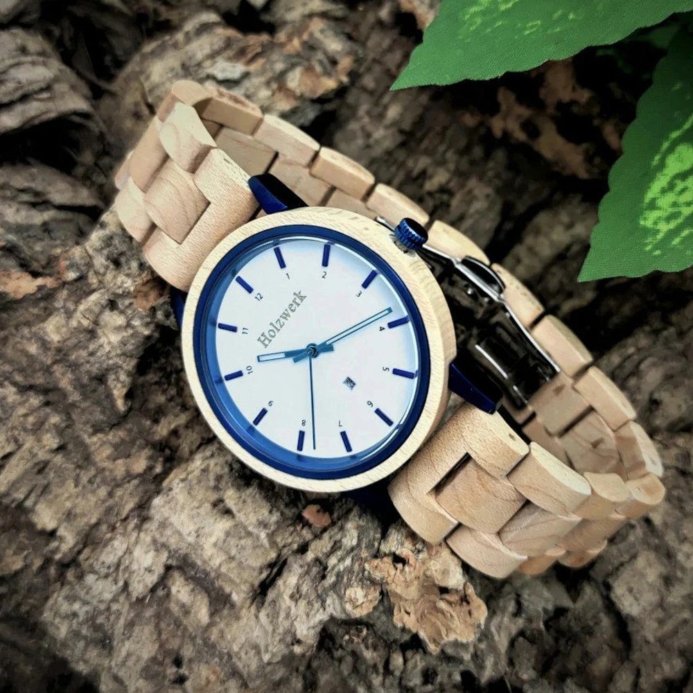 blau Damen Holzwerk weiß Uhr Armband & & Datum, beige, Herren mit Holz HEIDENAU Quarzuhr