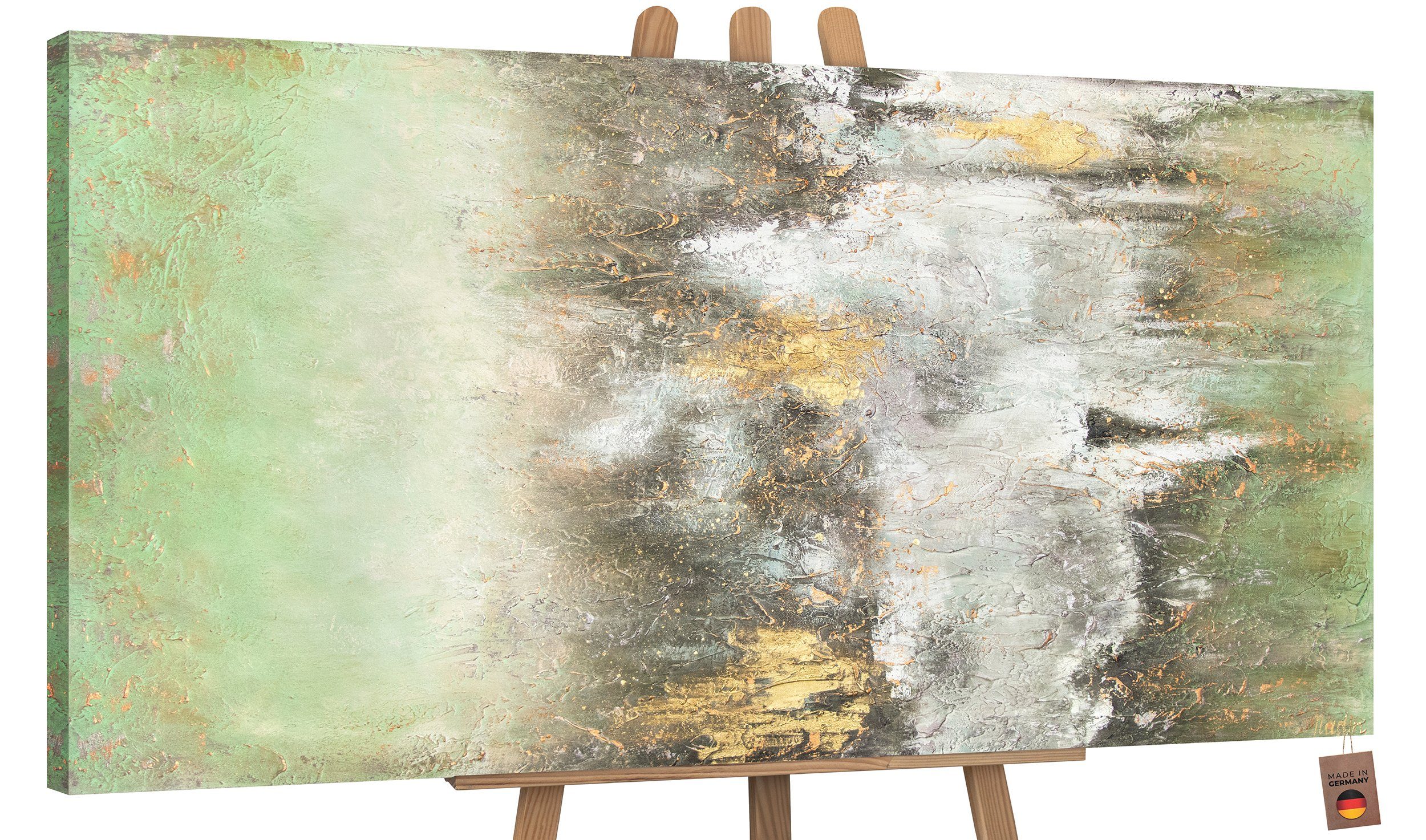 YS-Art Gemälde Ruhe vorm Sturm, Abstrakte Bilder, Abstraktes Leinwand Bild Handgemalt Grün Gold Weiß Ohne Schattenfugenrahmen
