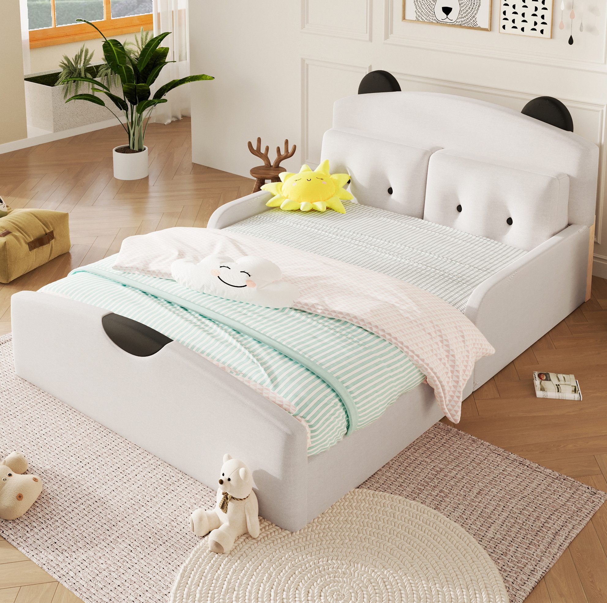 OKWISH Polsterbett Plattformbett mit Leinenbezug 140×200 cm Weiß Ohne Matratze (Packung, 1-tlg., Schlafbett mit weicher Stoffoptik für gemütliche Zimmer Zuhause), Bett mit Bären Kopfteil und zwei Zierkissen für Schlafräume