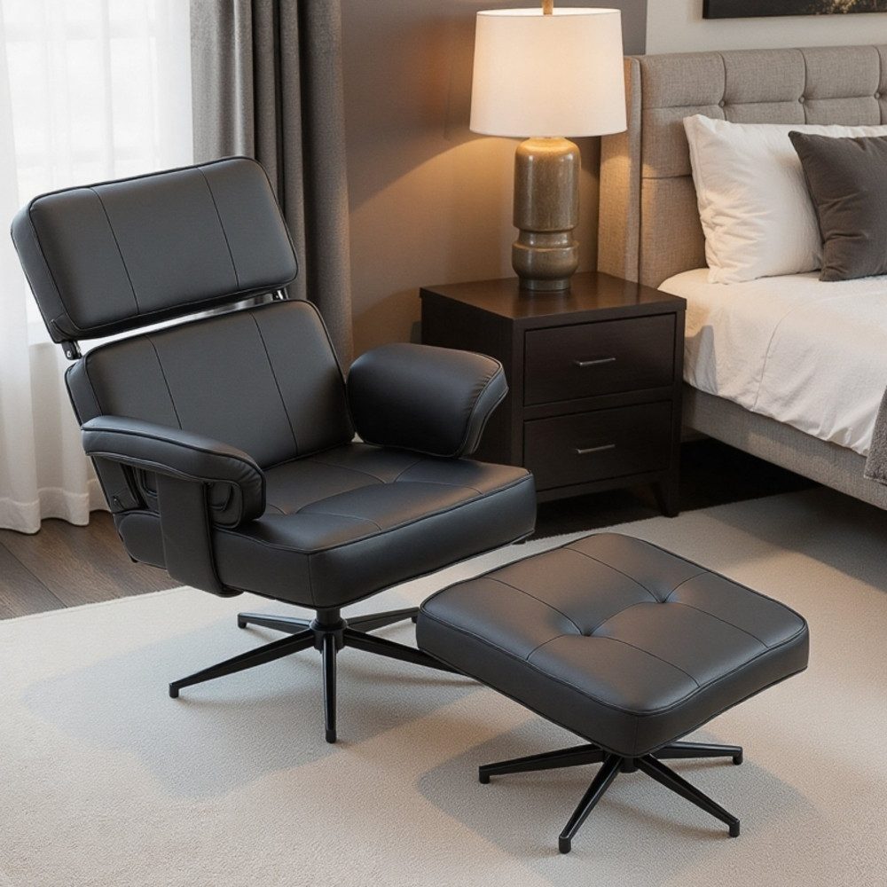 MODFU Relaxsessel Verstellbarer Liegesessel mit Fußhocker Kunstleder (höhenverstellbare Kopfstütze, Metallbasis, Komfortsessel, 2-St., Relaxsessel mit Hocker), Schwarz für Wohnzimmer Büro Relaxsessel
