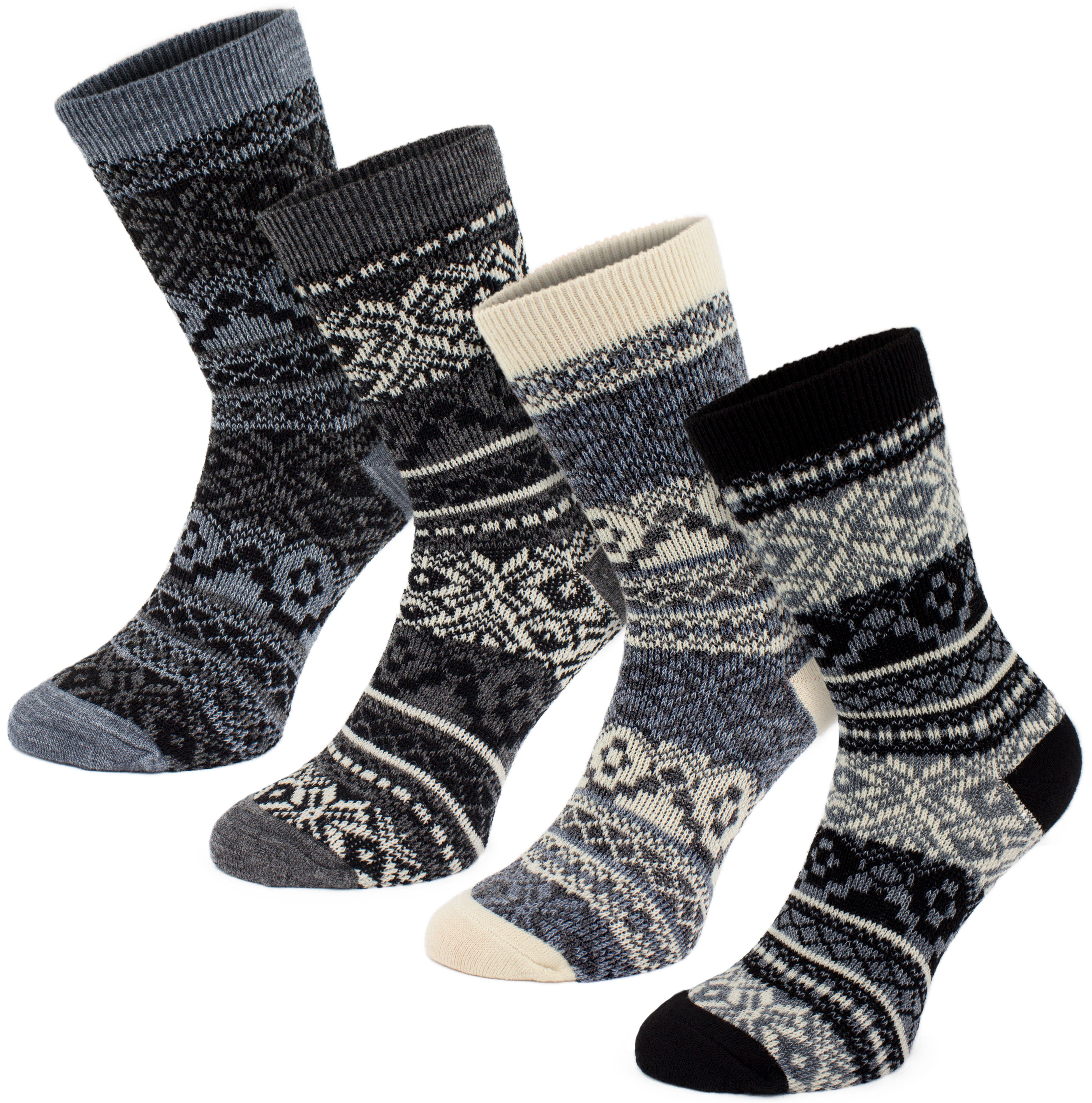 BRUBAKER Norwegersocken Kuschelsocken Geschenkset für Frauen - Schwarz Weiß (Thermosocken für Winter und kalte Tage, 4-Paar, Warme dicke Wintersocken) Damen Socken Set im Winter Norwegen Design