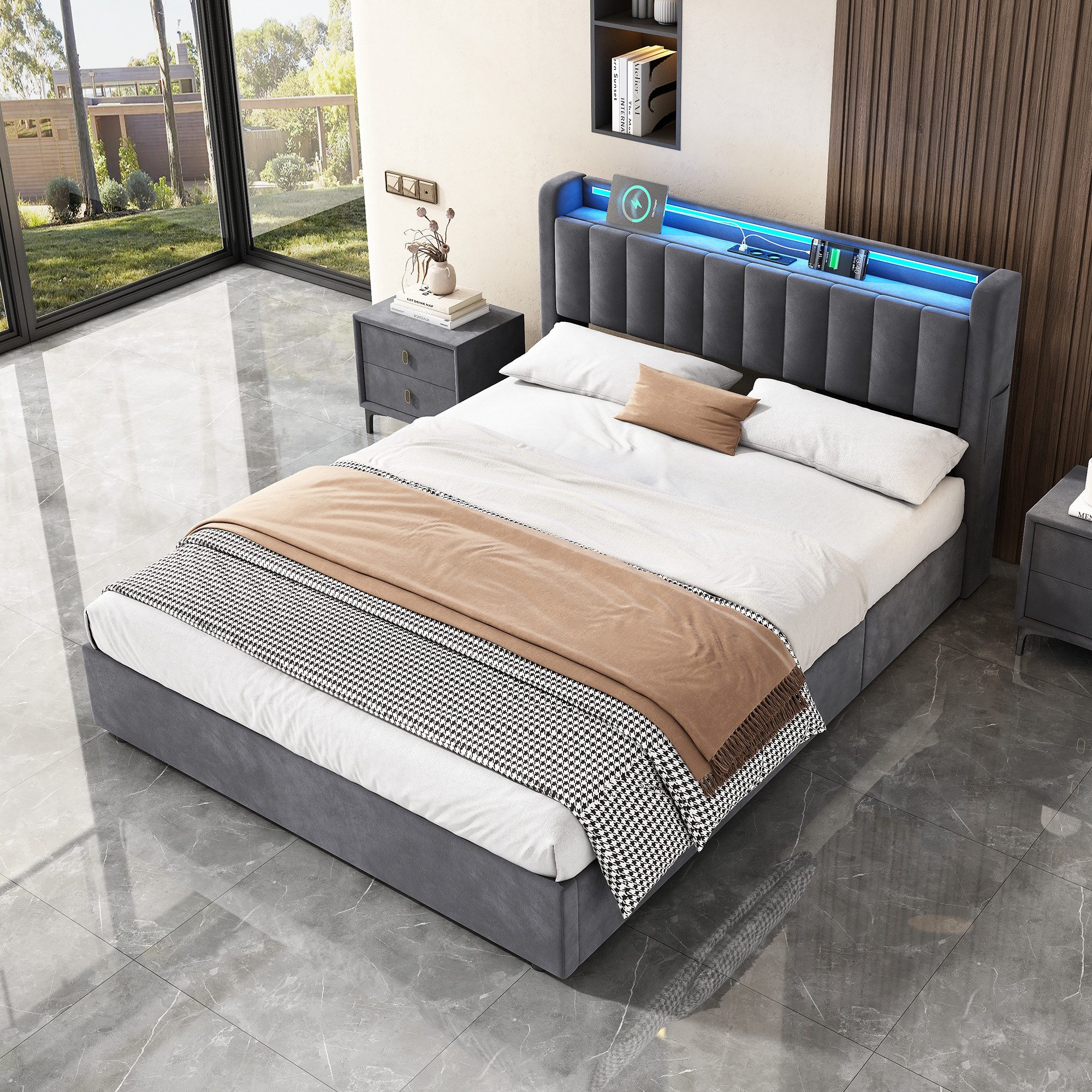 OKWISH Polsterbett mit Hydraulik, LED-Beleuchtung, Steckdosen und USB-Ladeanschlüssen (Funktionsbett, 2-tlg., 140x200 cm, Samt, mit Matratze), Kopfteil mit Einlegeböden und Stauraum