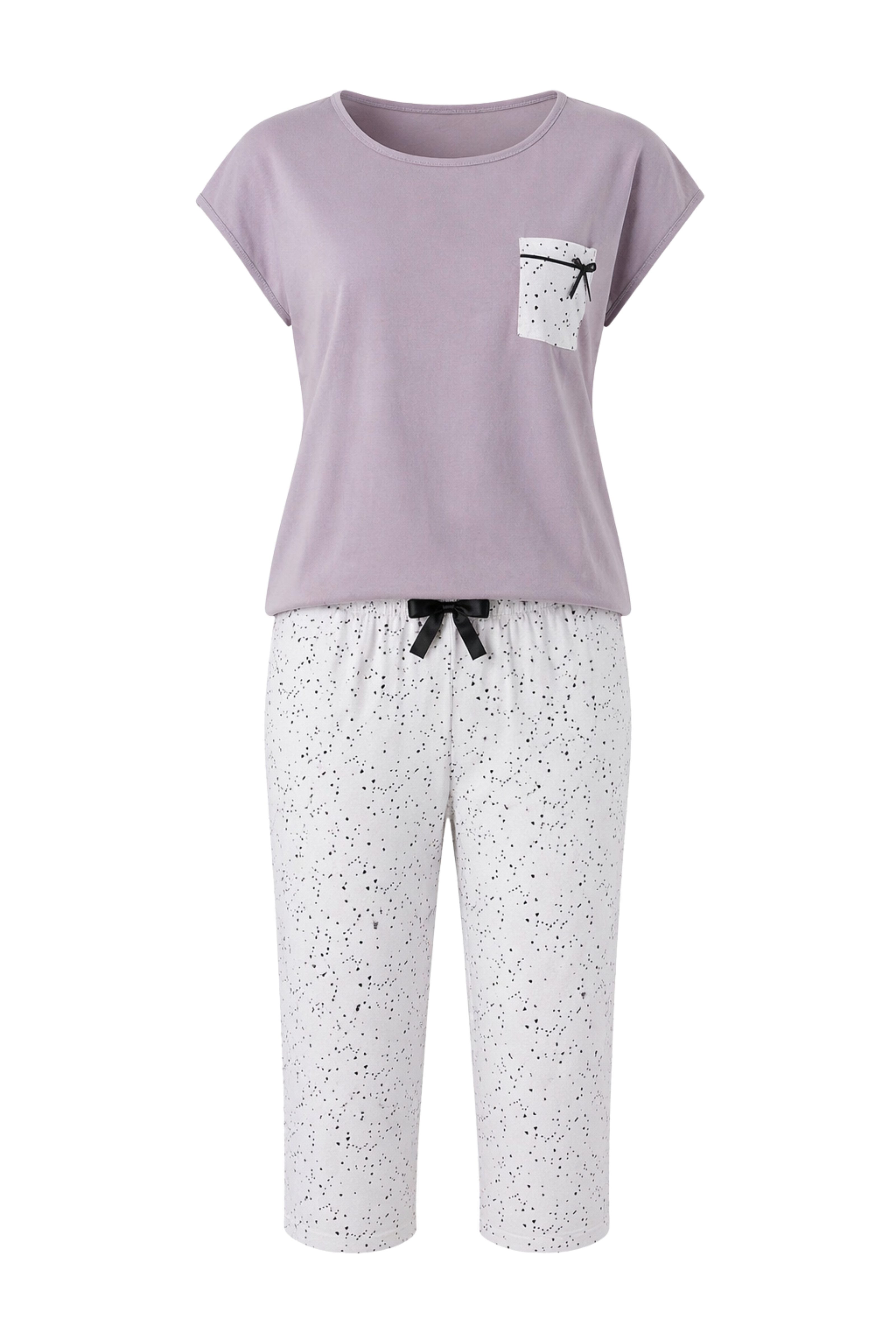 COOLISMO NIGHTWEAR Capri-Pyjama Damen 3/4-Pyjama Baumwolle (2 tlg) elegantes Set in Taupe mit Pünktchenhose und schwarzem Piping