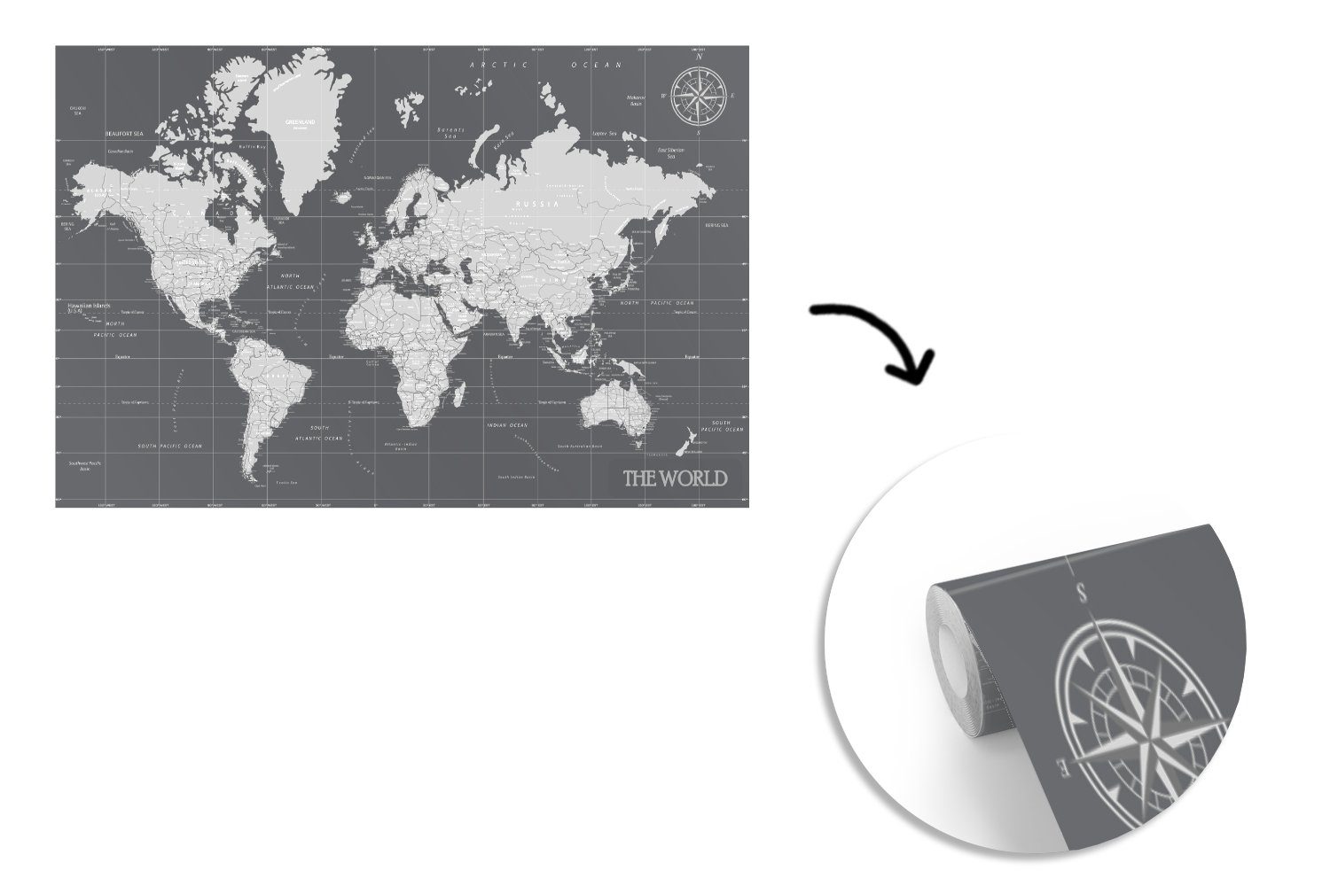Weltkarte Schwarz Weiß Vinyl Wandtapete für Montagefertig bedruckt, Tapete Matt, - St), Wohnzimmer, - Welt, (7 Fototapete MuchoWow -