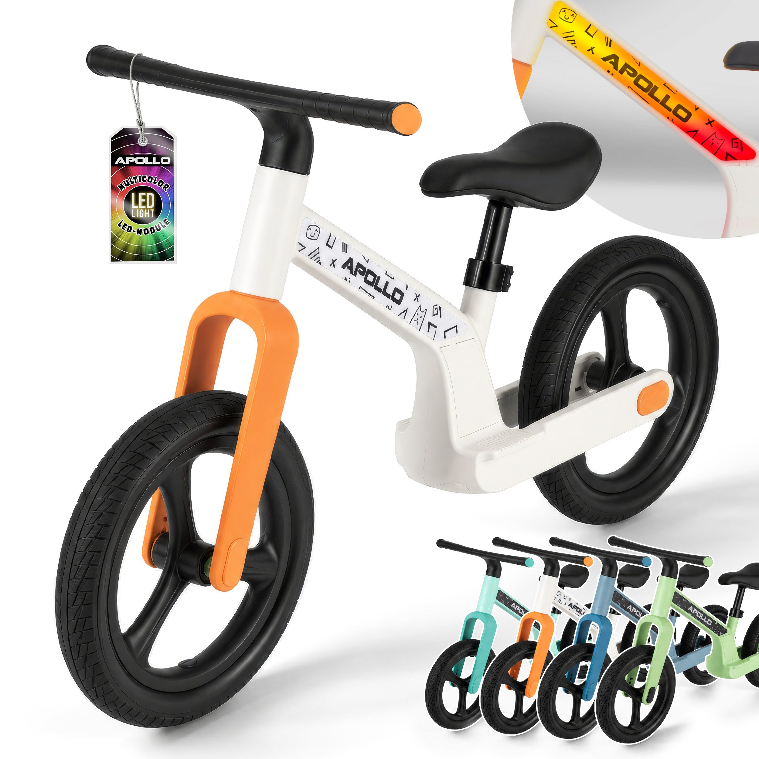 Apollo Laufrad Trailbuddy Kinderlaufrad LED ab 2 Jahre, 12 Zoll, 2,2 kg, Sattel 30-40 cm