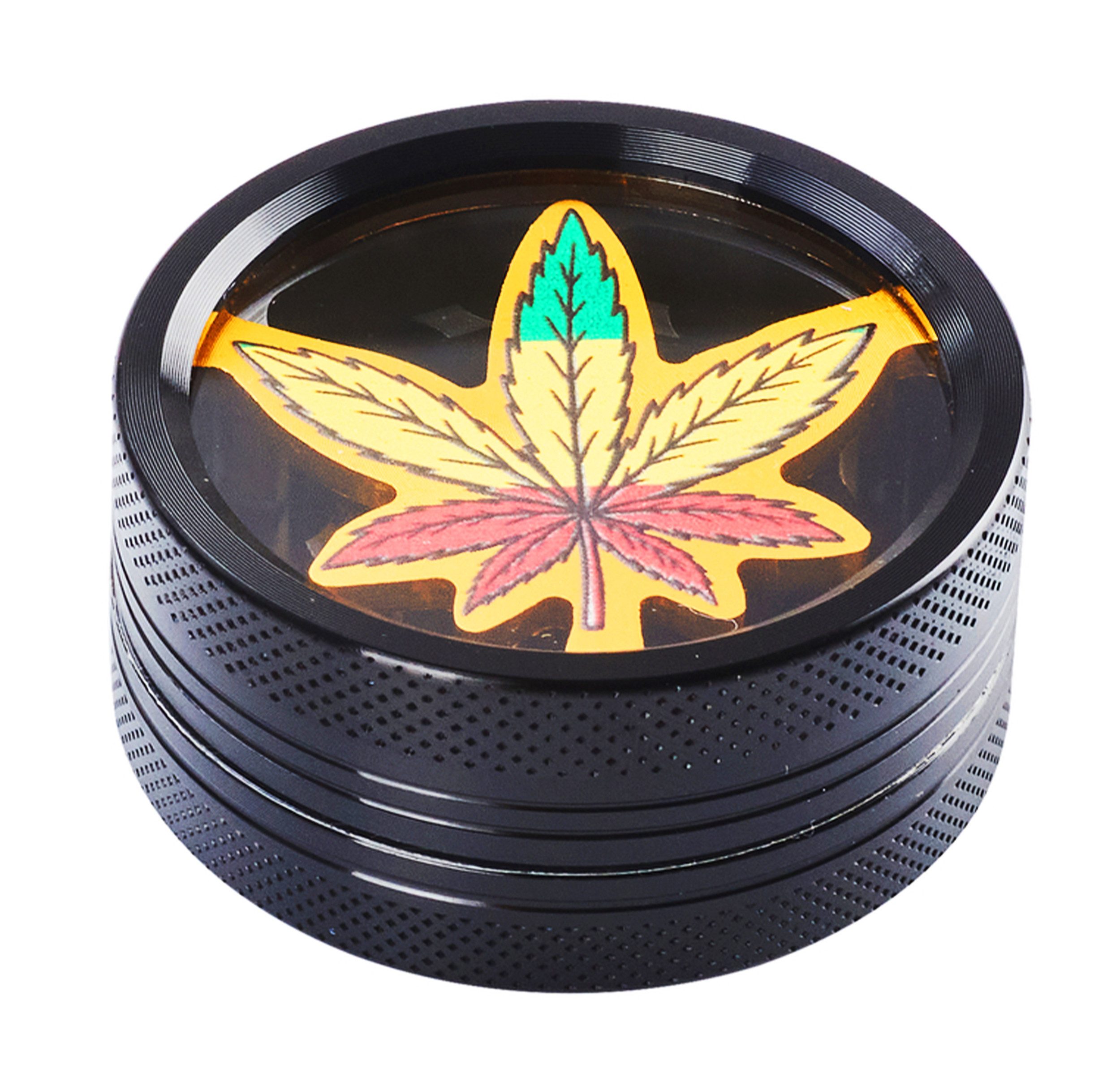 CHAMP HIGH Kräutermühle GRINDER "Hanfblatt" 2-teilig 50mm Metall Crusher Sieb 32 (dreifarbig) manuell, Gewürz Tabak Kräuter Mühle