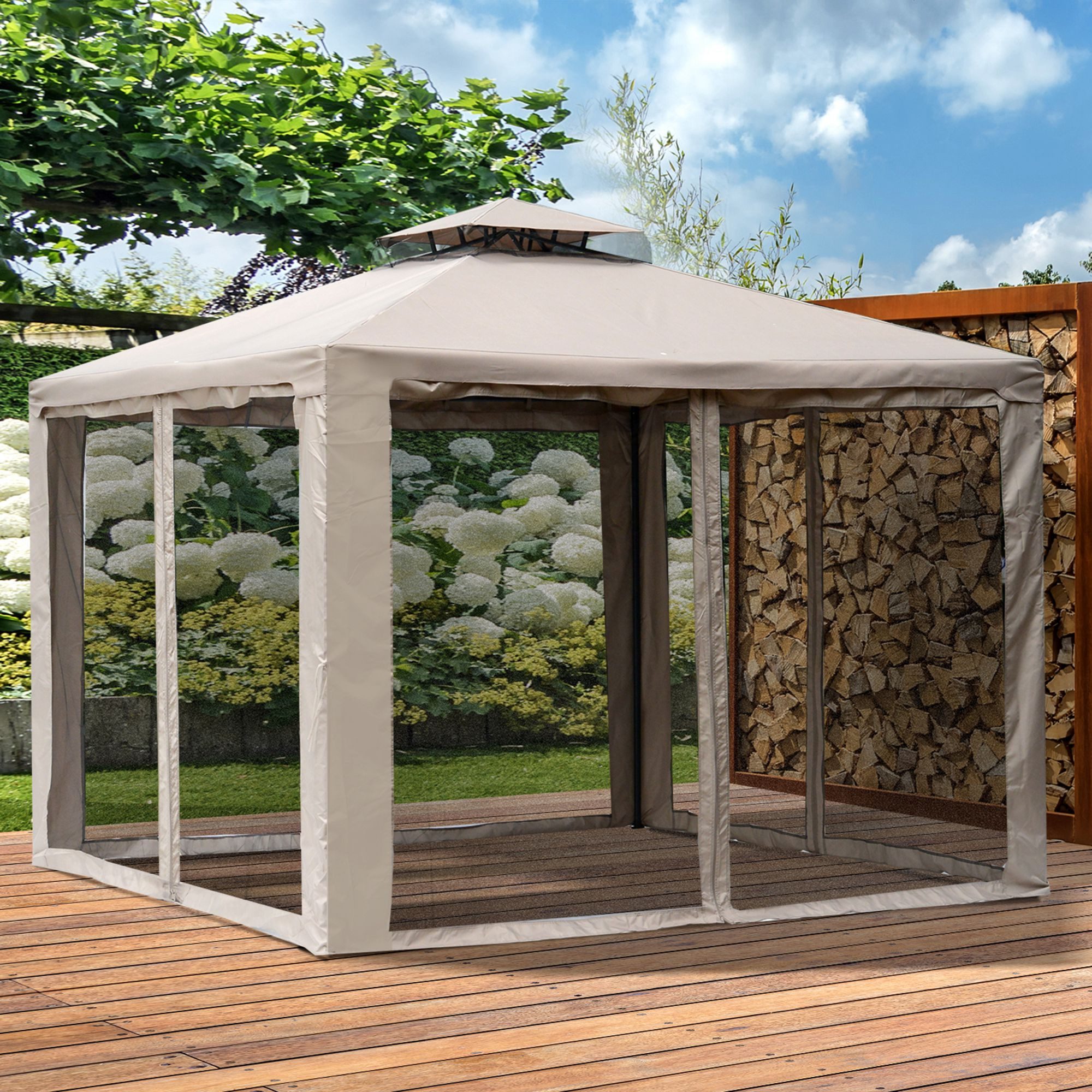 Outsunny Pavillon Festzelt, Wetterfest, mit 4 Seitenteilen, (Gartenpavillon mit Moskitonetz, Pavillon mit Doppeldach), Doppeldach, Moskitonetz, UV-Schutz