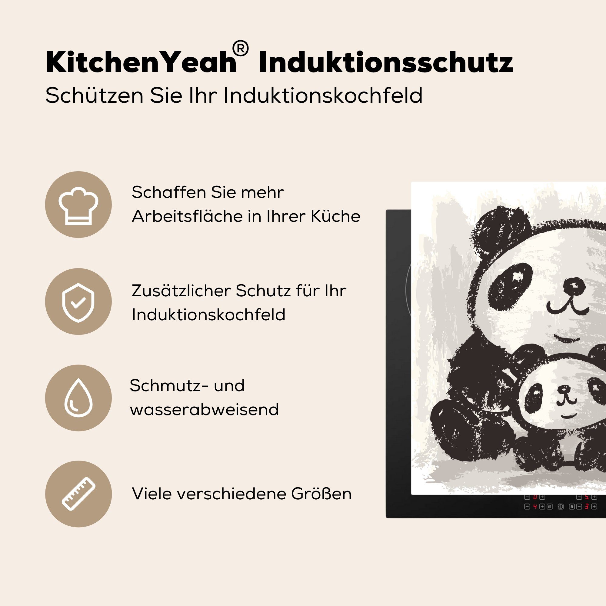 Weiß, Ceranfeldabdeckung, Arbeitsplatte MuchoWow tlg), küche (1 Vinyl, Schwarz 78x78 - für - Panda Herdblende-/Abdeckplatte cm, Kind -