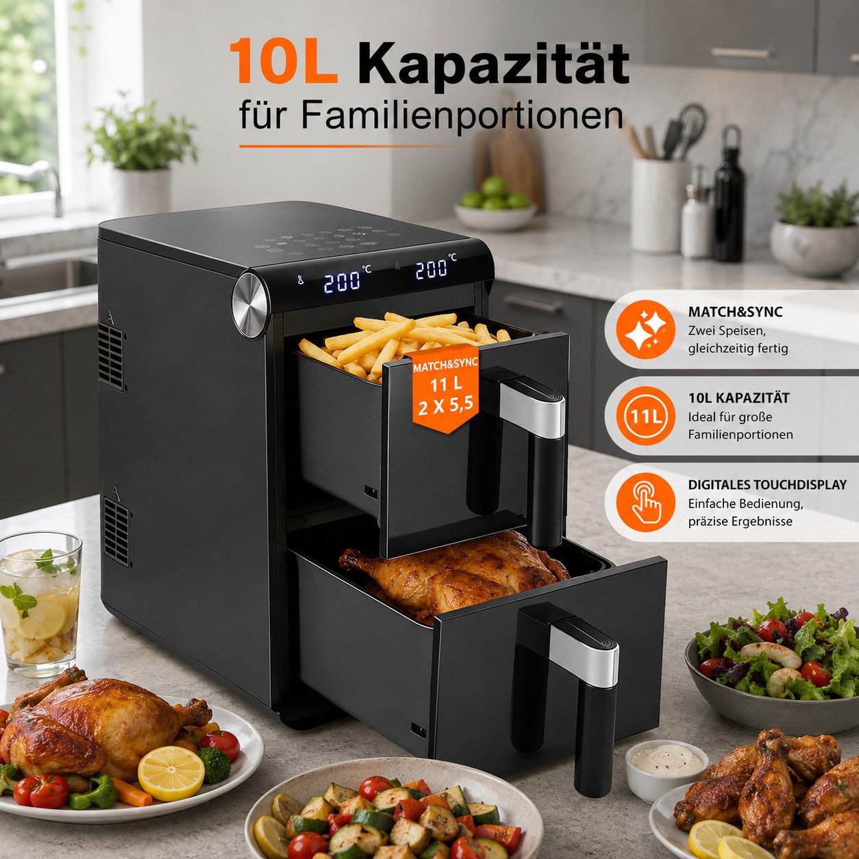 Ledklang Heißluftfritteuse 2 Kammern XXL 11L Gesamtvolumen 13-in-1 programme Air fryer Schwarz, 2800 W, getrennter Temperatur Zeiteinstellung für Beilagen gleic – Bild 2 von 5