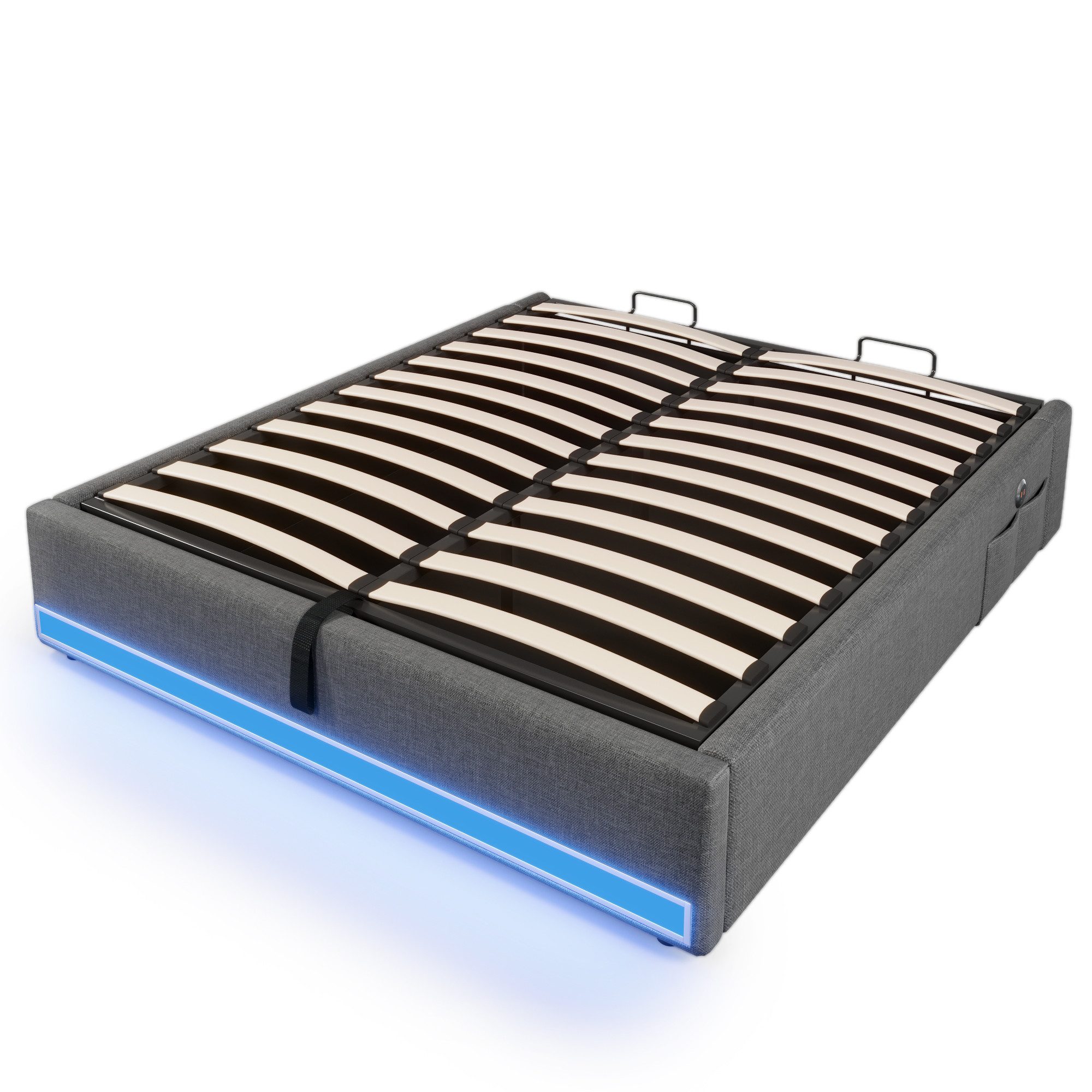 SOFTWEARY Futonbett mit LED-Beleuchtung und Aufbewahrung (mit Mehrfachsteckdose, 140x200 cm), Doppelbett ohne Kopfteil, Leinen