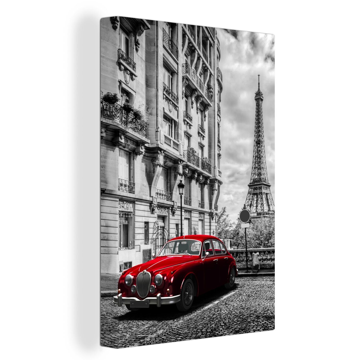 OneMillionCanvasses® Leinwandbild Eiffelturm - Schwarz - Weiß - Auto, (1 St), Leinwandbild fertig bespannt inkl. Zackenaufhänger, Gemälde, 20x30 cm