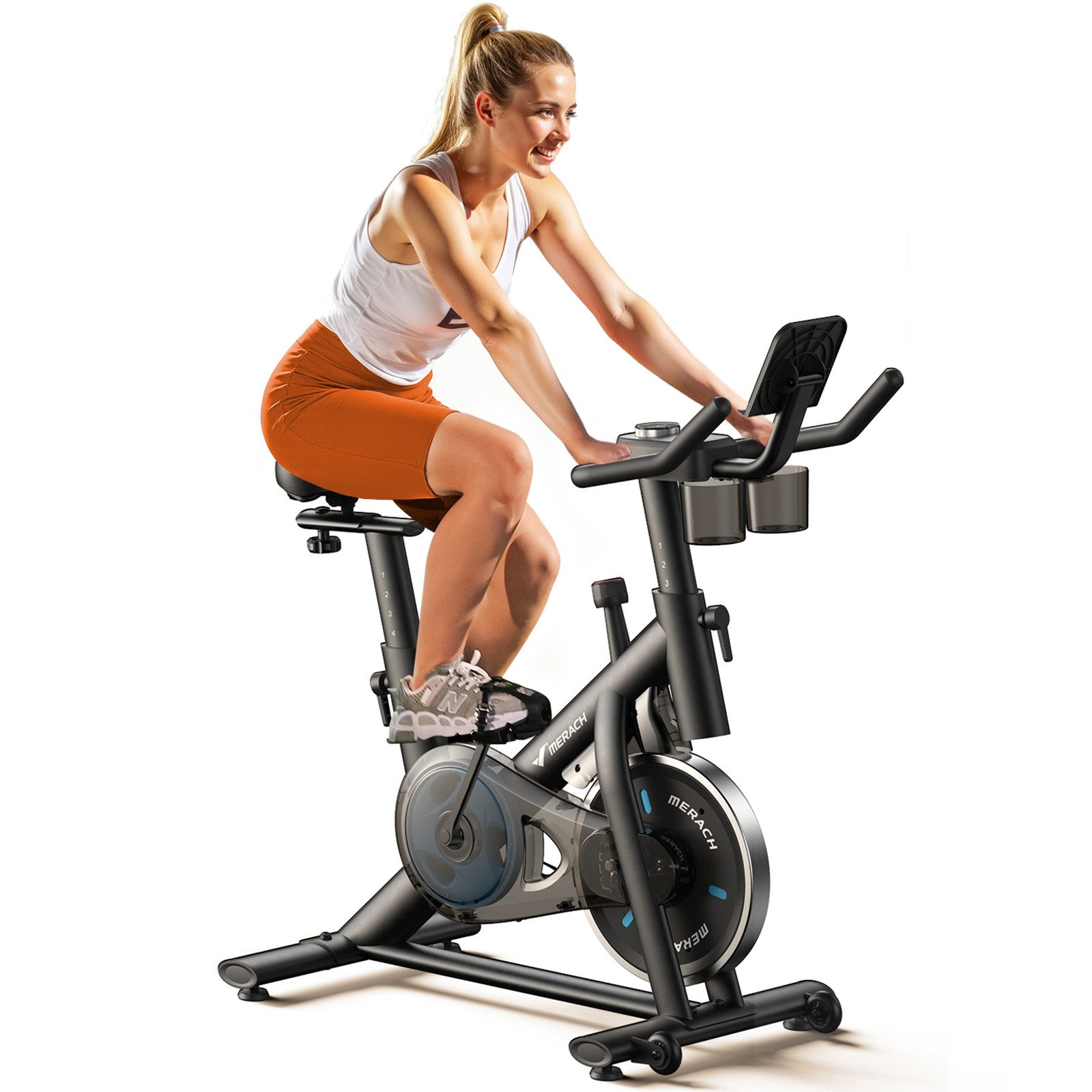 MERACH Fitnessbike Heimtrainer Fahhrad für Zuhause, leises Fitnessbike mit LED-Monitor, (Fahrradtrainer mit Tablet-Halter, Bluetooth und App-Funktion, Stationäres Fahrrad mit verstellbare Sitz, Wasserflasche-Halter), bequemer und leiser, Verstellbarer Widerstand, bis 122 KG belastbar