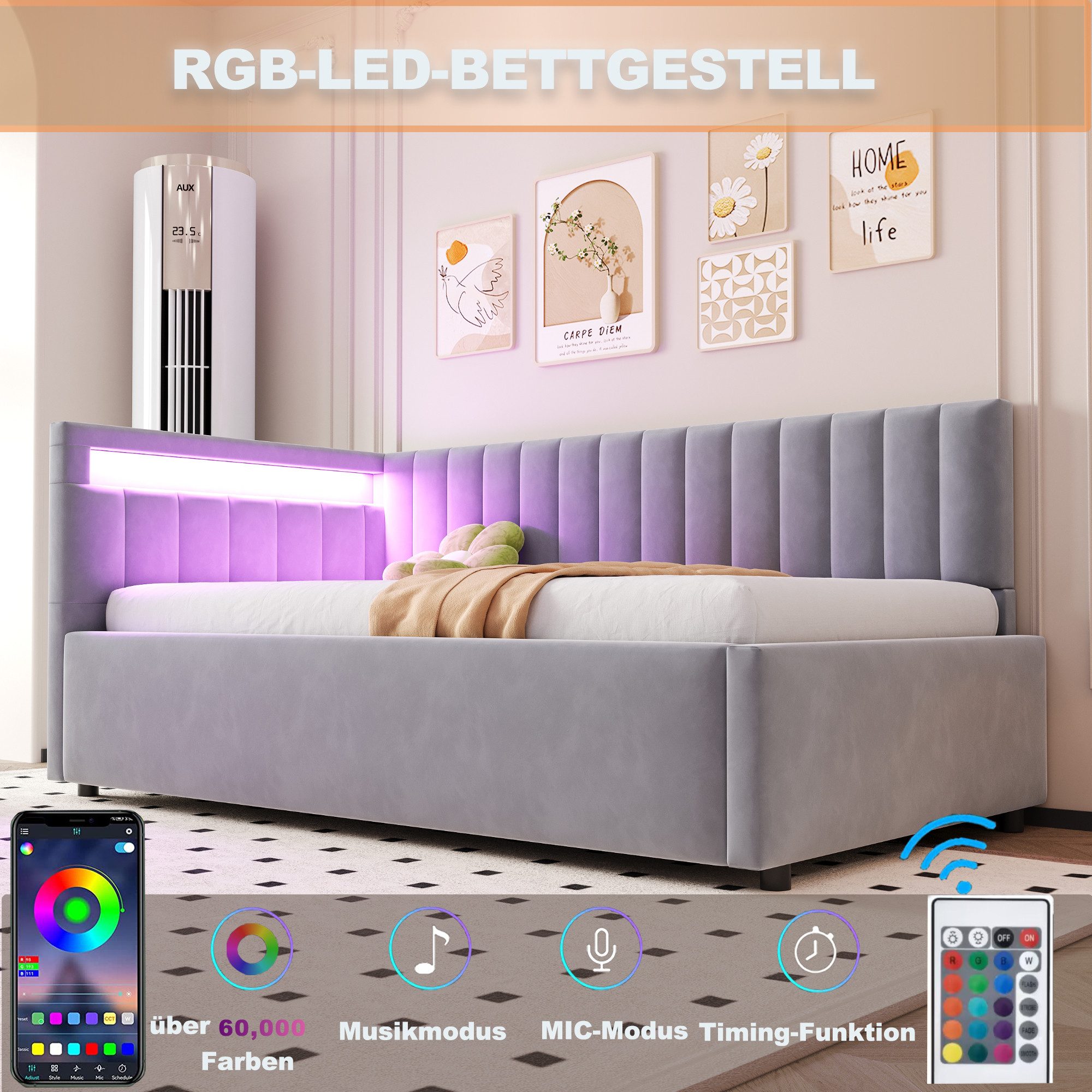 Odikalo Stauraumbett Einzelbett mit Bettkasten und Gasdruckfeder, LED-Beleuchtung 90x200 cm – Bild 3 von 5