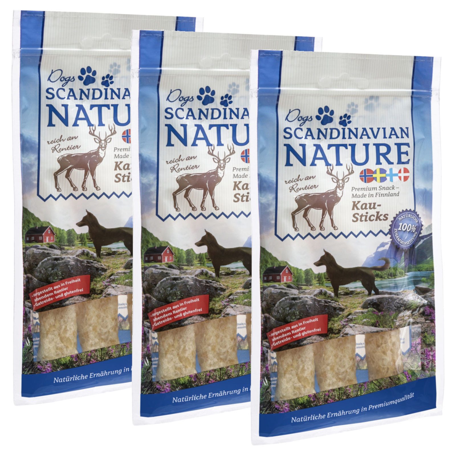 Scandinavian Nature Dogs mit Rentier, 3x 45 g, Kausticks für Hunde, Snack für: Hund
