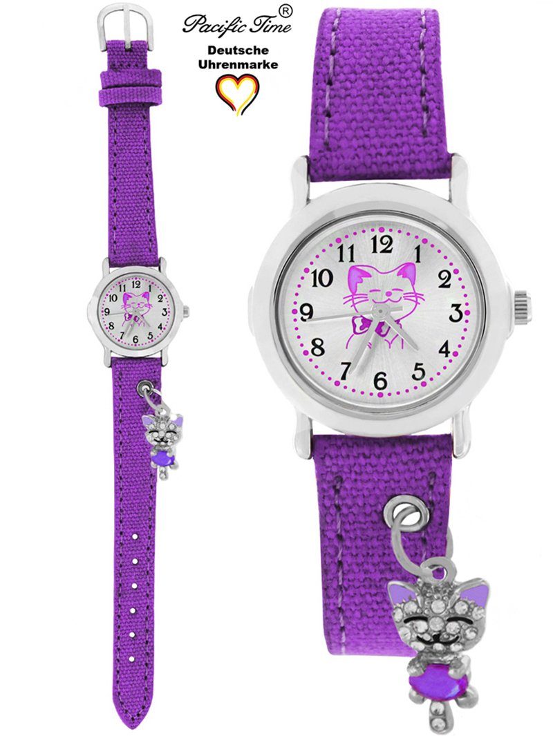 Pacific Time Quarzuhr Gratis Armbanduhr Katzenanhänger Versand Kinder violett Stoffarmband, mit