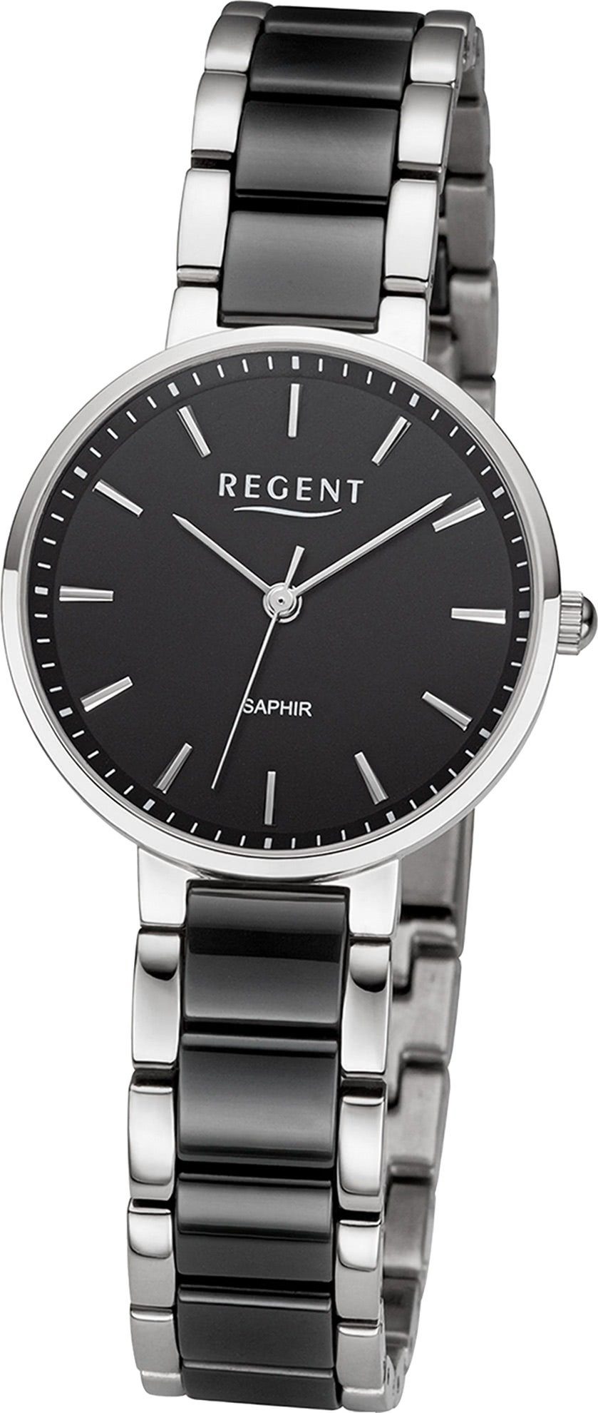 Regent Quarzuhr Regent Damen schwarz, (30mm) rundes Damenuhr Armbanduhr Keramikarmband Gehäuse, groß Analog, silber