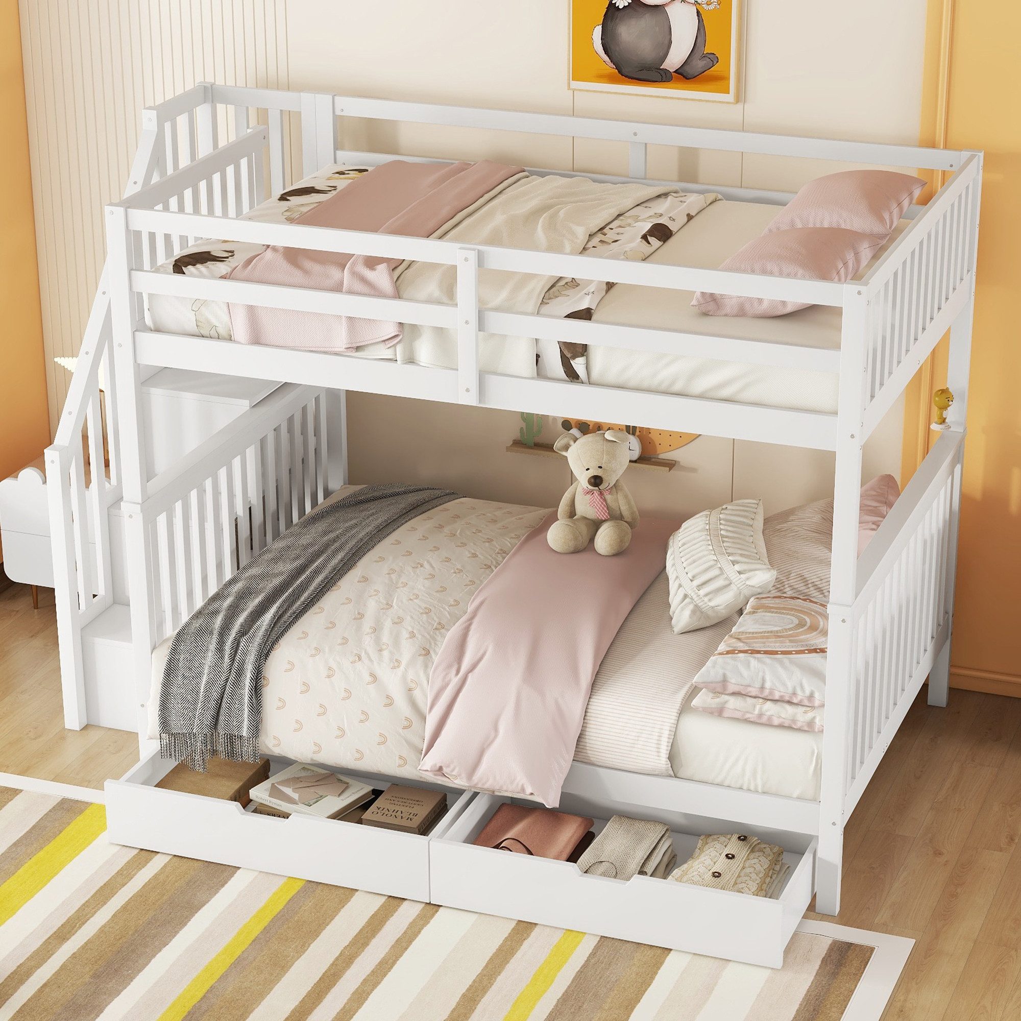 Gotagee Kinderbett Kinderbett Treppenregal ausgestattet mit 2 Schubladen Weiß Etagenbett, ausgestattet mit zwei Schubladen, hohe Geländer, EN747-1 zertifiziert