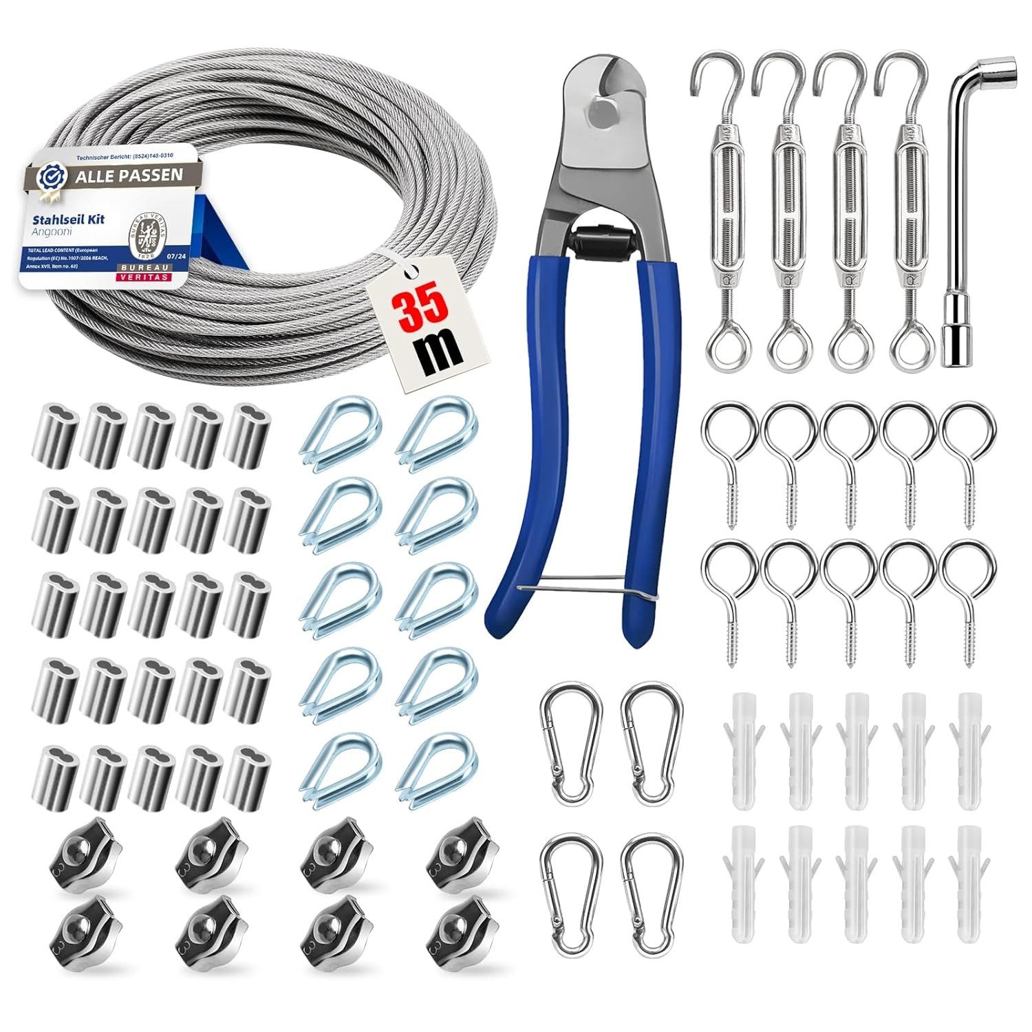LuxusKollektion Multitool 74 pcs Stahlseil Kit 35 m Verdickt 3 mm Edelstahl Drahtseil Zubehör