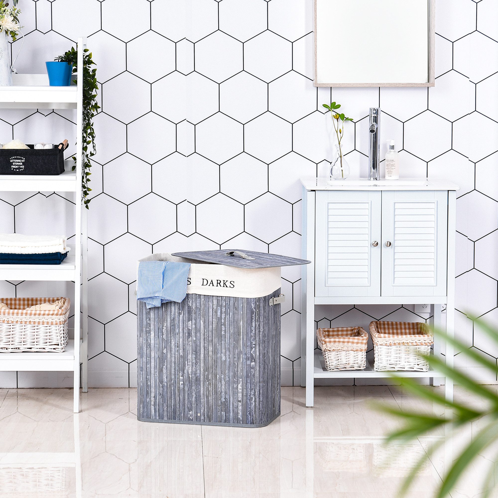 HOMCOM Wäschekorb Wäschesack mit waschbarem Wäschesammler mit Deckel Griffen (Wäschebox, 1 St., Wäschekorb), Segeltuch + Bambus, Grau, 100L, 52 x 32 x 63 cm