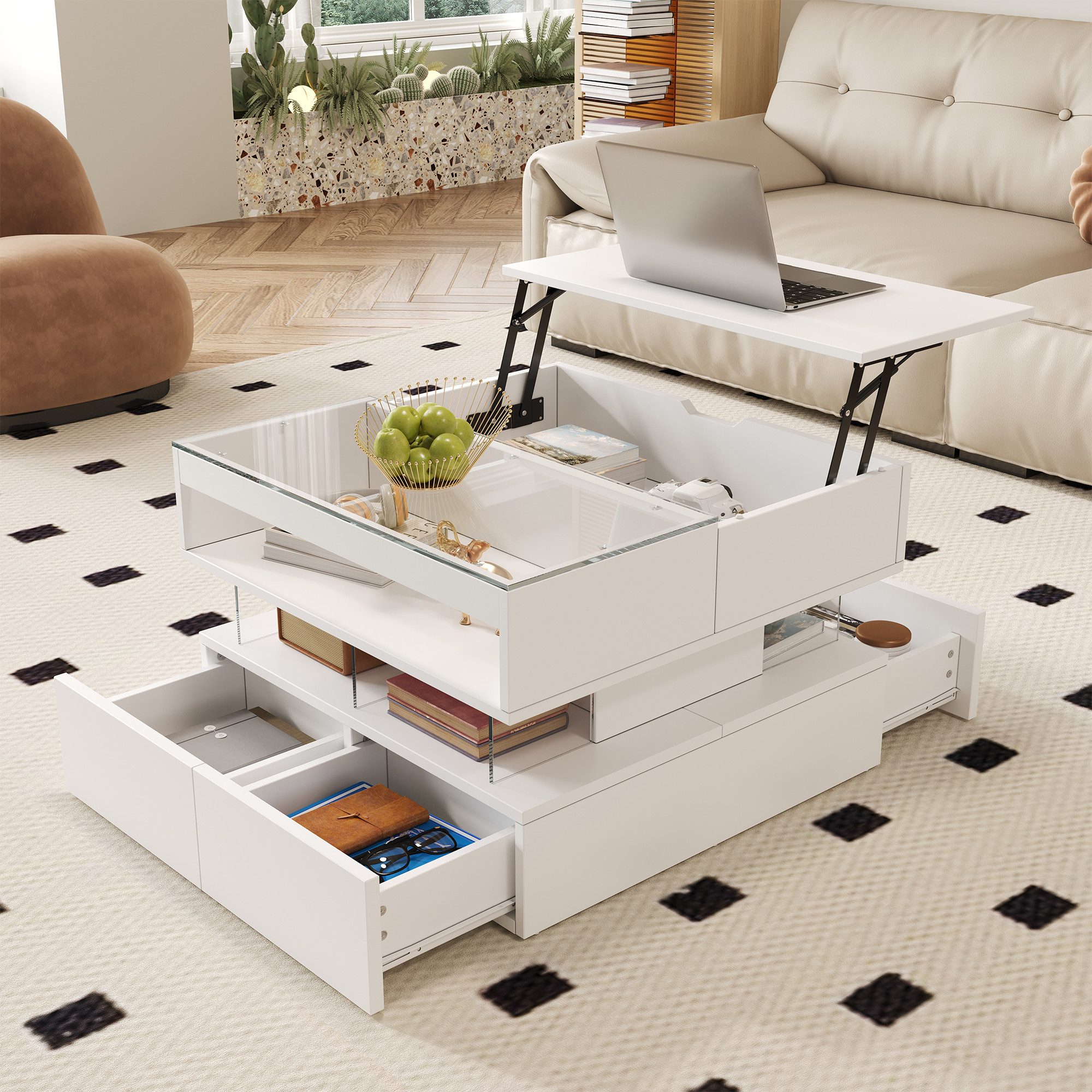 OKWISH Couchtisch mit 16-farbiger Beleuchtung (Wohnzimmertisch, Sofatisch, 1-St., Glasplatte und Acryl-Trägern), Höhenverstellbarer Satztisch, Beistelltisch