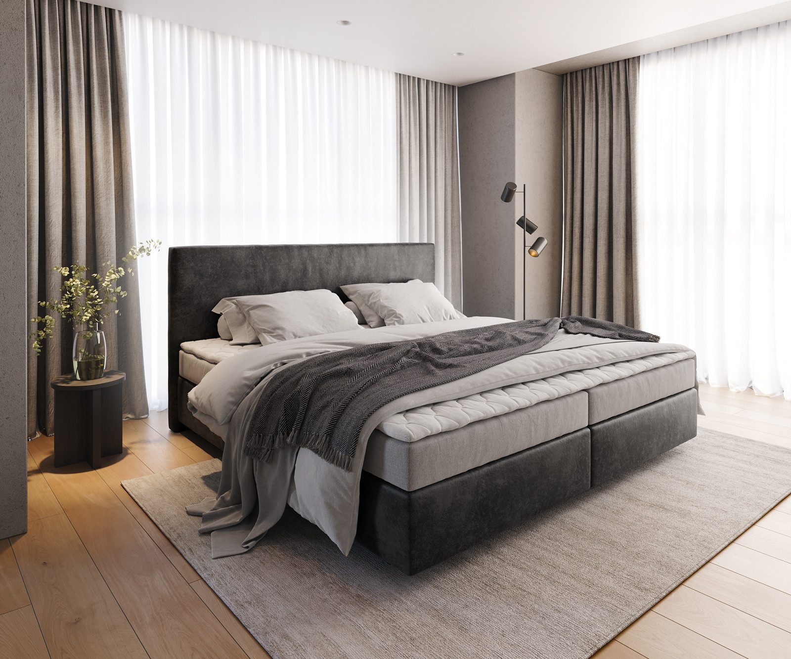 DELIFE Boxspringbett Dream-Well, Mikrofaser, Anthrazit Vintage/grau, Gr. 200 cm x 200 cm, Liegefläche 200 cm x 200 cm