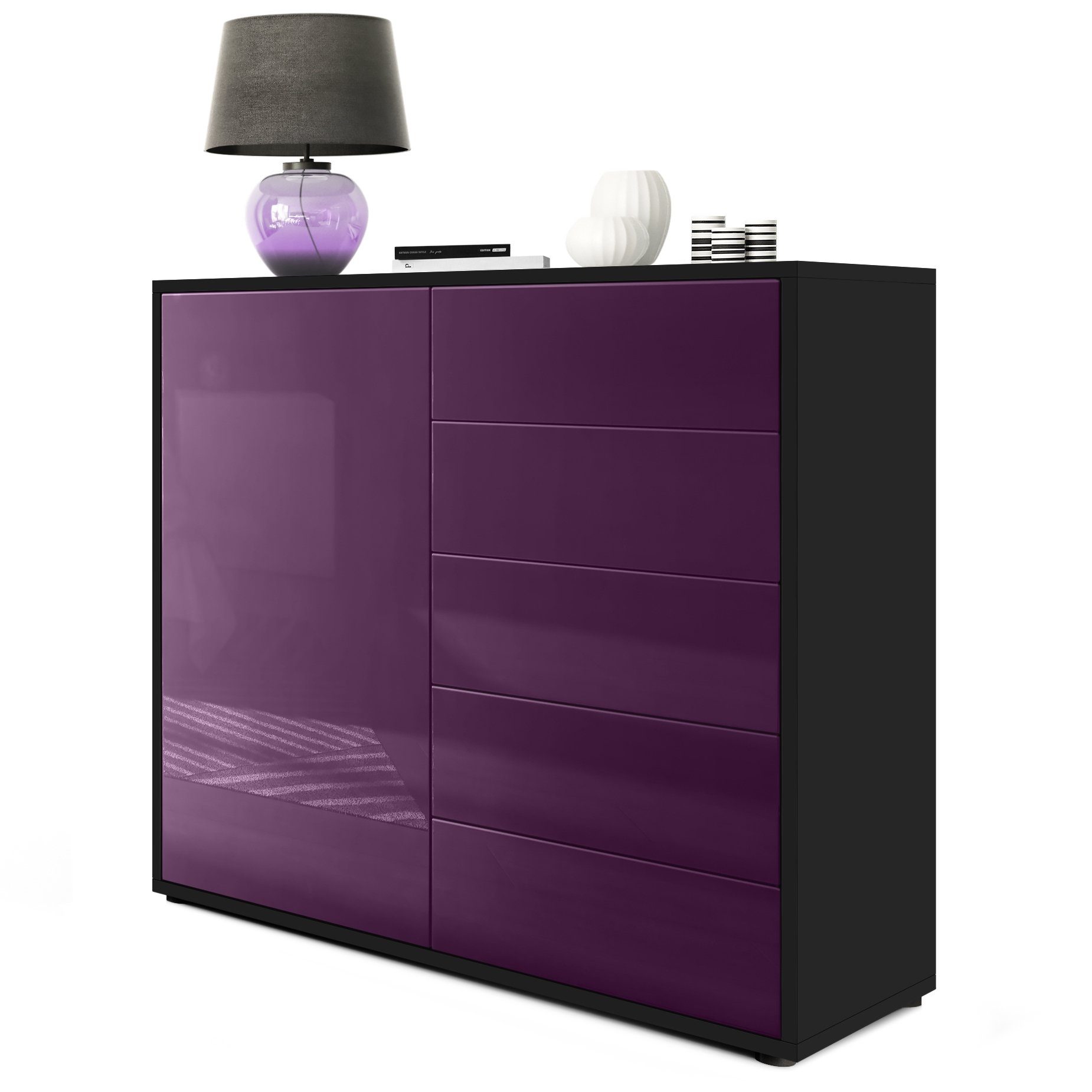 Vladon Kommode Ben V2 (Kommode, mit 1 Tür und 5 Schubladen), Schwarz matt/Brombeer Hochglanz (79 x 74 x 36 cm)
