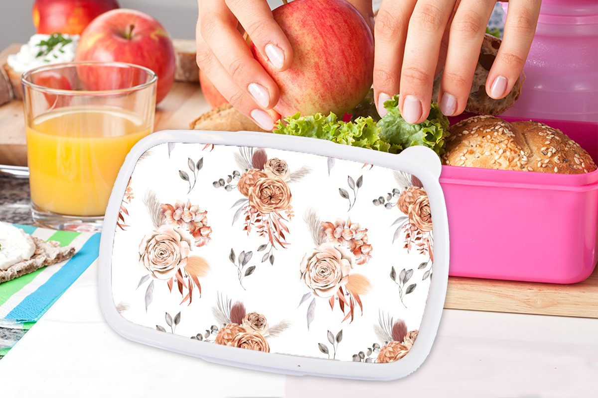 MuchoWow Brotdose Bohème rosa Mädchen, Blätter - Brotbox Weiß, Kunststoff, Lunchbox Blumen Snackbox, - Kunststoff (2-tlg), - Kinder, für Erwachsene,