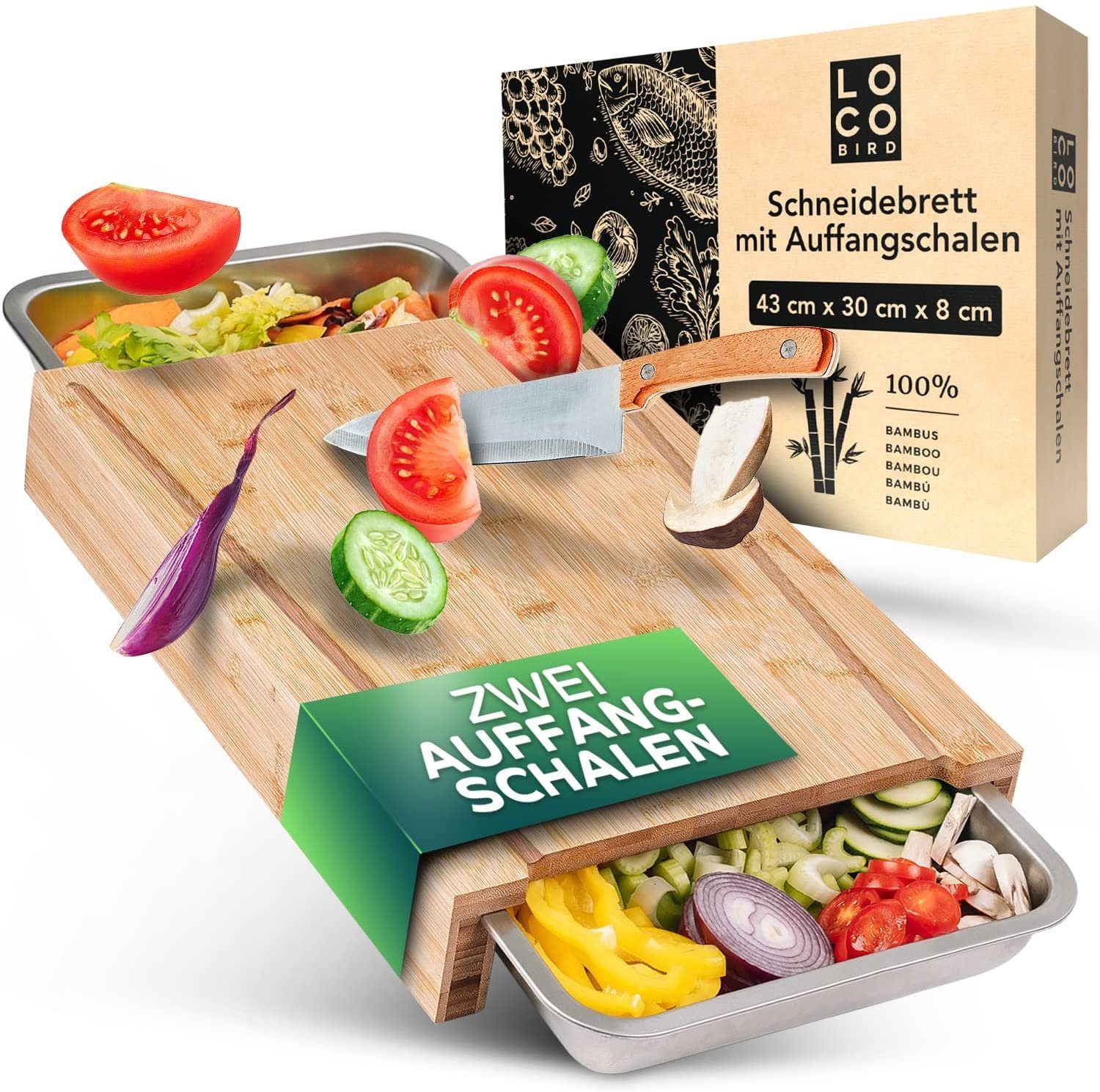 Loco Bird Schneidebrett »massives Bambus Schneidebrett mit Auffangschalen - 43x30x7cm groß - Ideales Küchenhelfer Gadget Set für die Küche - Küchenbrett aus Bambus mit 2 Schalen aus Edelstahl - Schneidebrett Holz«, Bambus, (1-St)