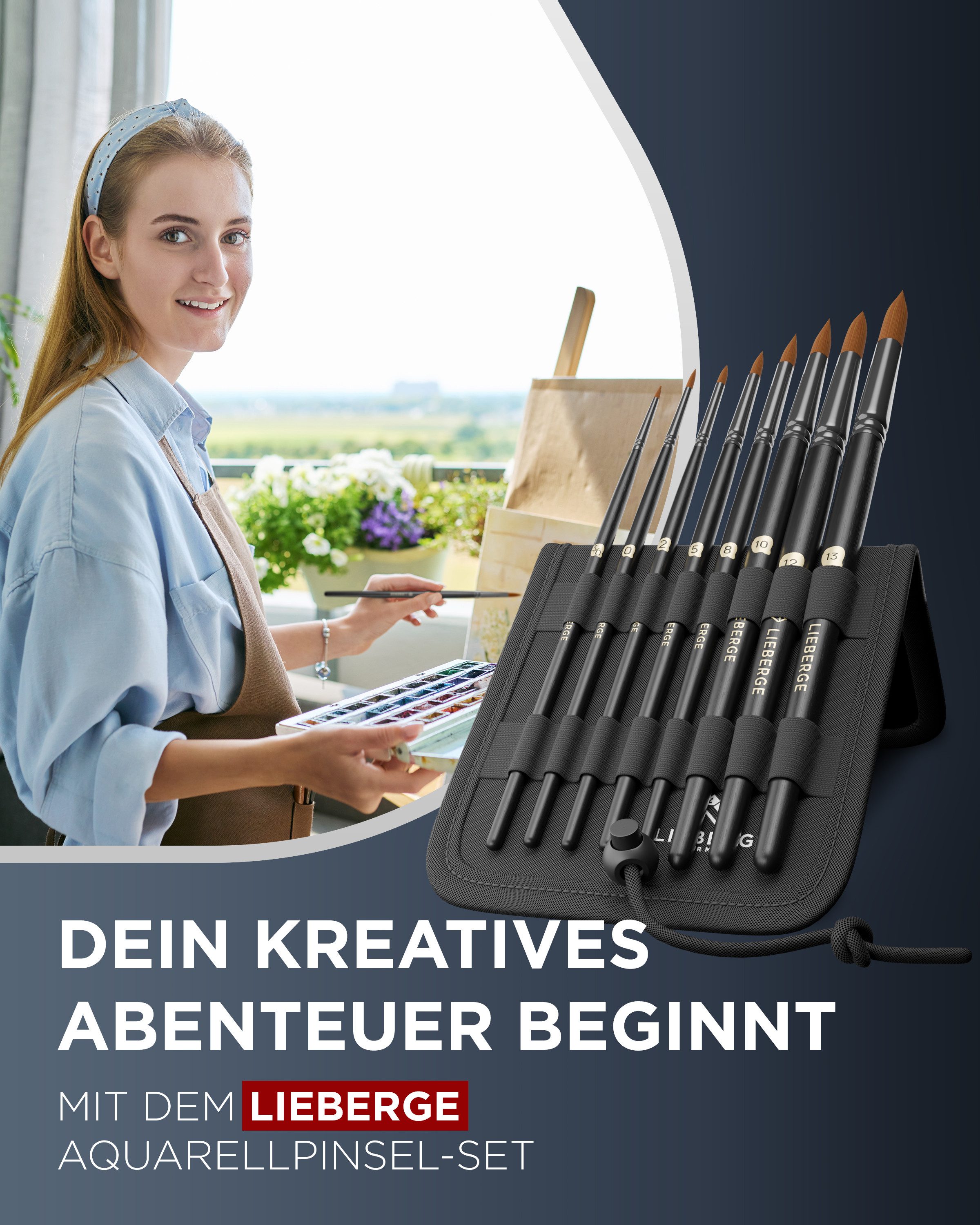 LIEBERGE Malpinsel Premium Set Aquarell – 8 Aquarelllpinsel, inkl. Präsenter, (Set, 8 St., Rundpinsel, Pinselpräsenter, Pinselständer), Synthetikhaar, vegan, langlabig, hohe Farbaufnahme, Anfänger, Profis