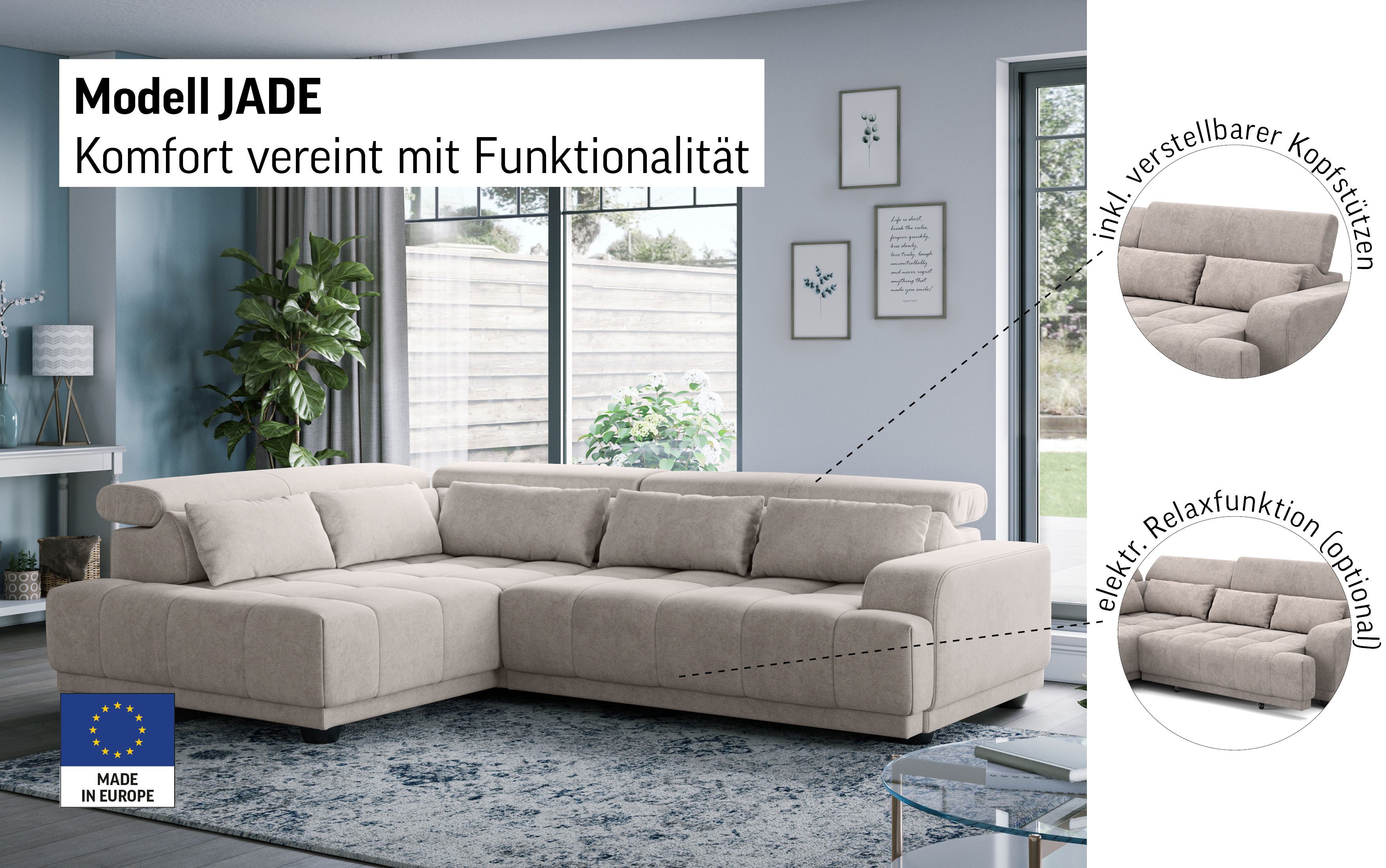 OTTO home Ecksofa Jade L Form, Breite: 270 cm, mit Kopfteilverstellung & Nierenkissen, optional elektr. Sitztiefenverstellung