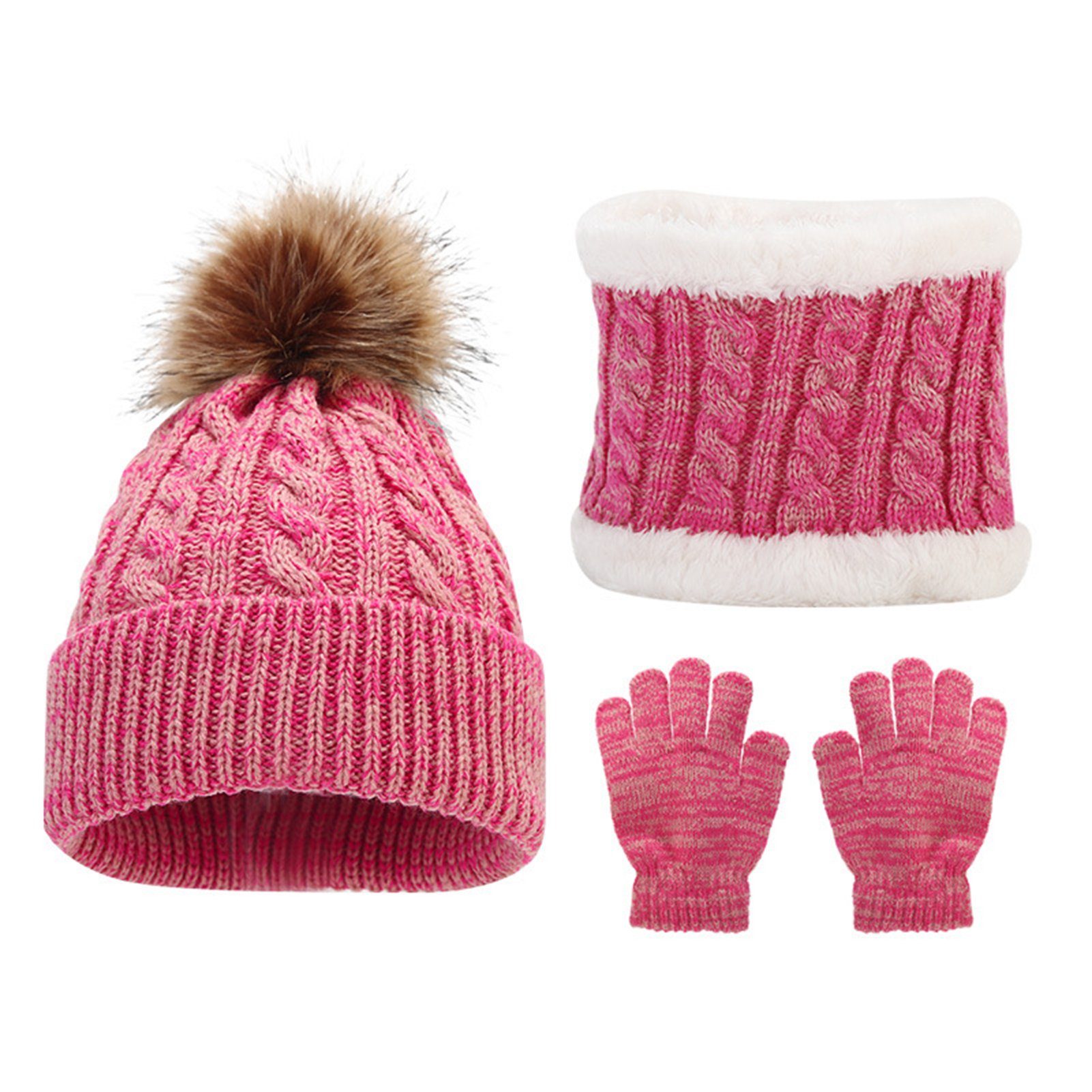 Rutaqian Mütze & Schal 3 In 1 Kinder Wintermütze Handschuhe Schal Set für 2-6 Jahre alt (Warme Winter Beanie Hut Handschuhe Set) Rosa
