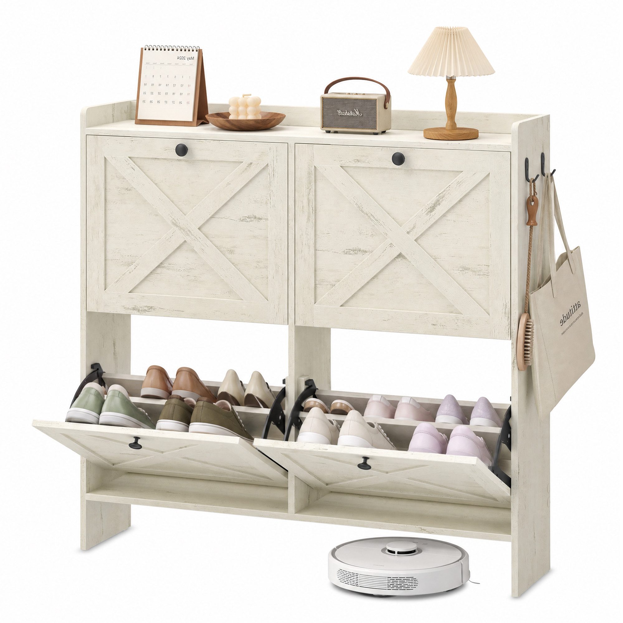 VASAGLE Schuhschrank Landhausstil, für Flur und Wohnzimmer mit 4 Klappen, Platzsparend für 24 Paar Schuhe, 105,5 x 24 x 101,7 cm