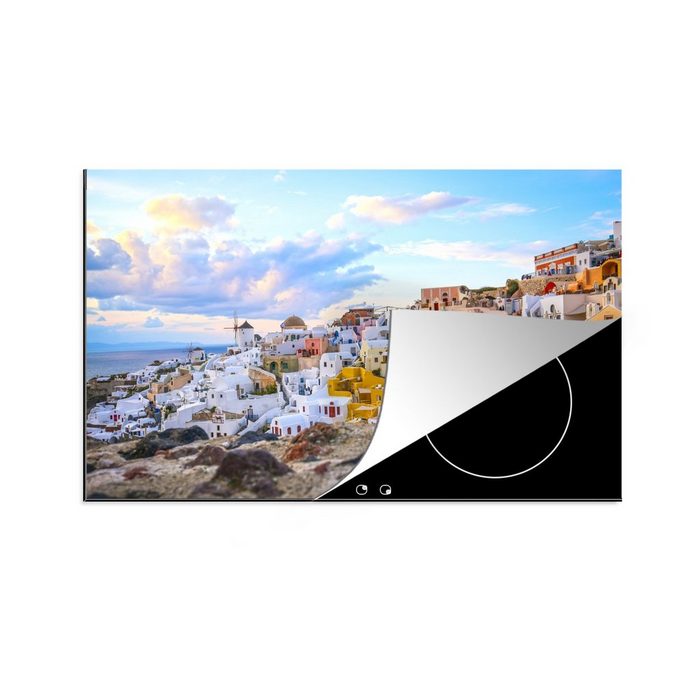 MuchoWow Herdblende-/Abdeckplatte Das Stadtbild von Oia bei Santorin und das Meer Vinyl (1 tlg) Ceranfeldabdeckung für die küche Induktionsmatte