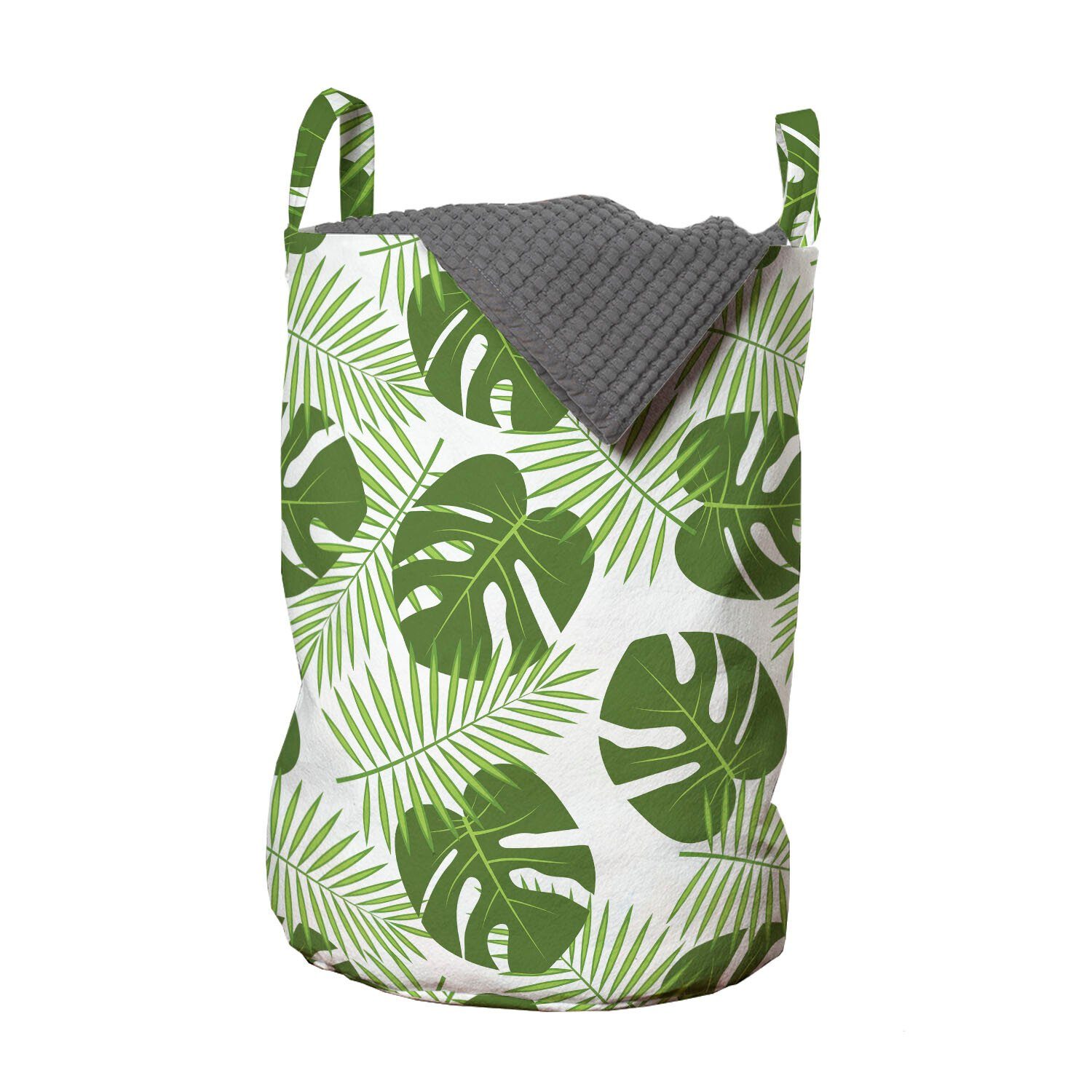 Abakuhaus Wäschesäckchen Wäschekorb mit Griffen Kordelzugverschluss für Waschsalons, Grün und Weiß Palmen und Monsteras | Wäschesäcke