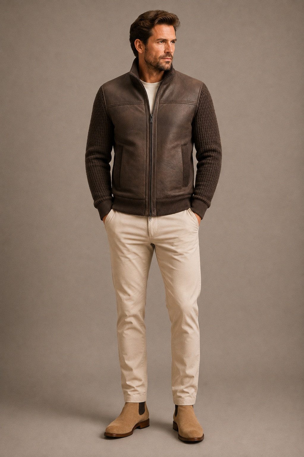 MILESTONE Hybridjacke MSCervo Vintage-Lammfelloptik mit strukturiertem Wollmix-Strick – Bild 4 von 5