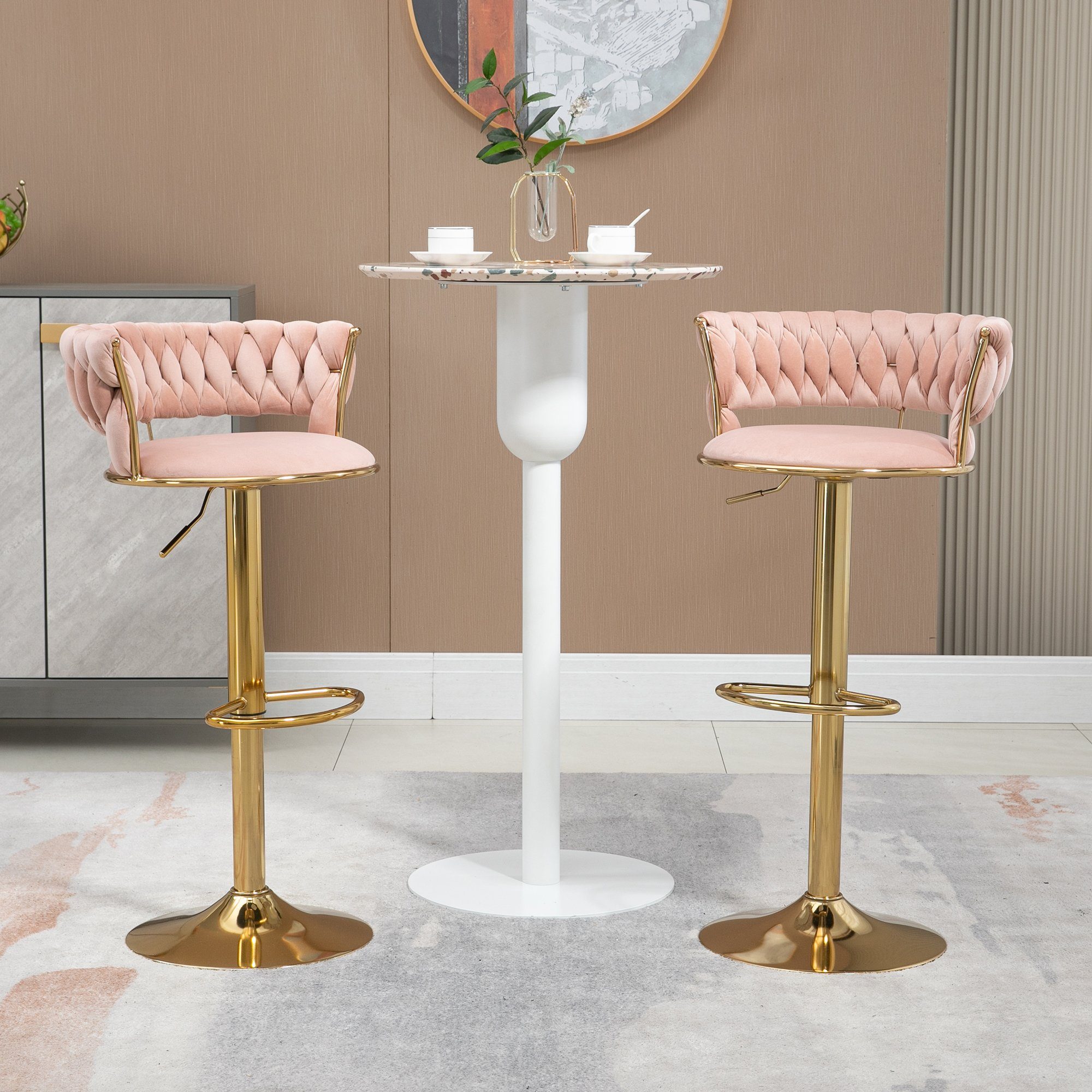 Flieks Barhocker (Set, 2 St., 2er), 2er Set Polsterstuhl Esszimmerstuhl höhenverstellbare Barstühle Samt Rosa | goldfarbe