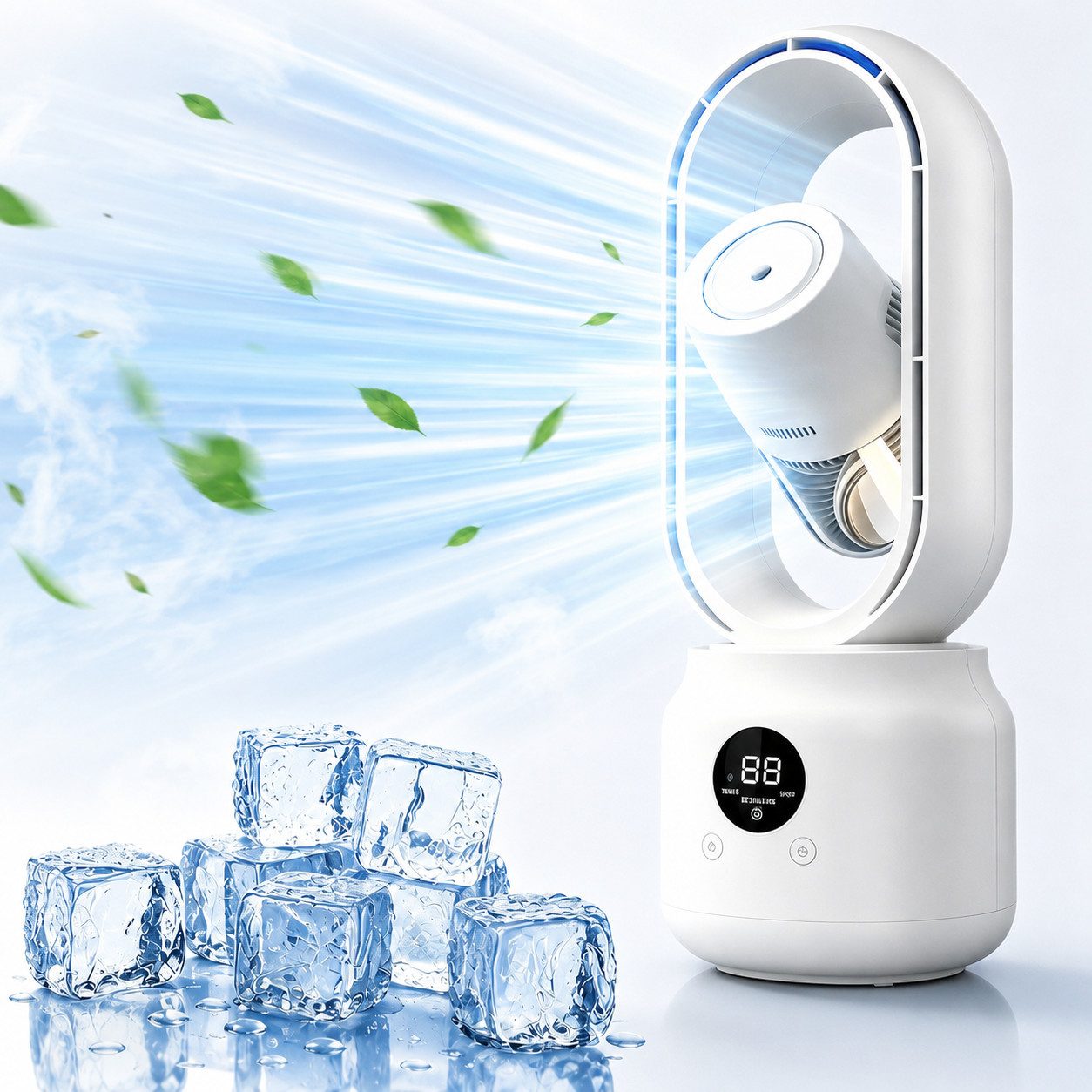 MOPUEA Turmventilator Blattloser Tischventilator mit Sprühnebel 3 Stufen 360° Luftstrom, 3 Windstufen 360° Luftstrom Sprühnebel leise USB-C Display Akku Licht.