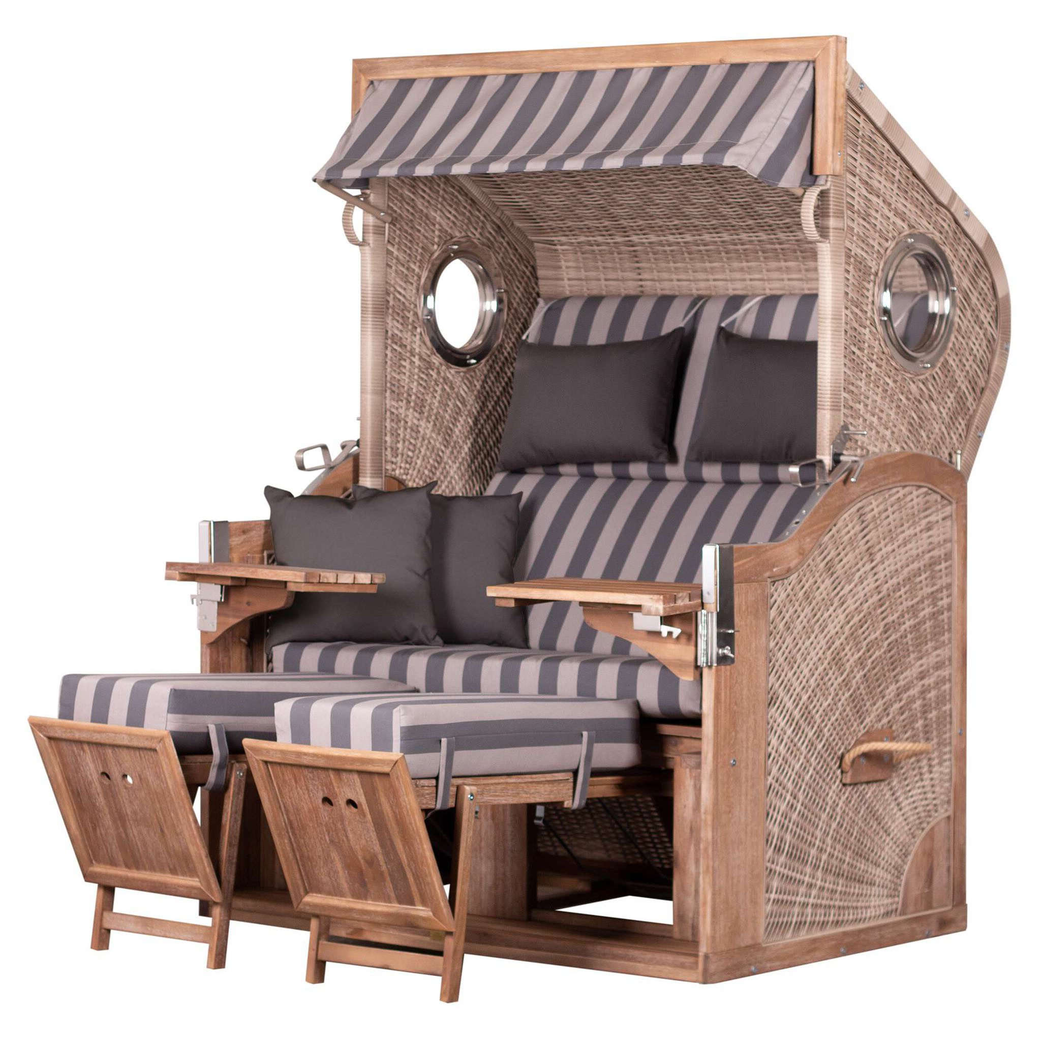 deVries PURE® Strandkorb Greenline 175XL - PE anthique white - Dessin 755, BxTxH: 135x90x165 cm, Dreiviertellieger, Ostsee-Strandkorb, (Strandkorb-Komplettset, 2-tlg., Strandkorb inkl. passender Premium Schutzhaube), FSC®-zertifiziertes Holz, Windschutzfolie und Rückholfeder