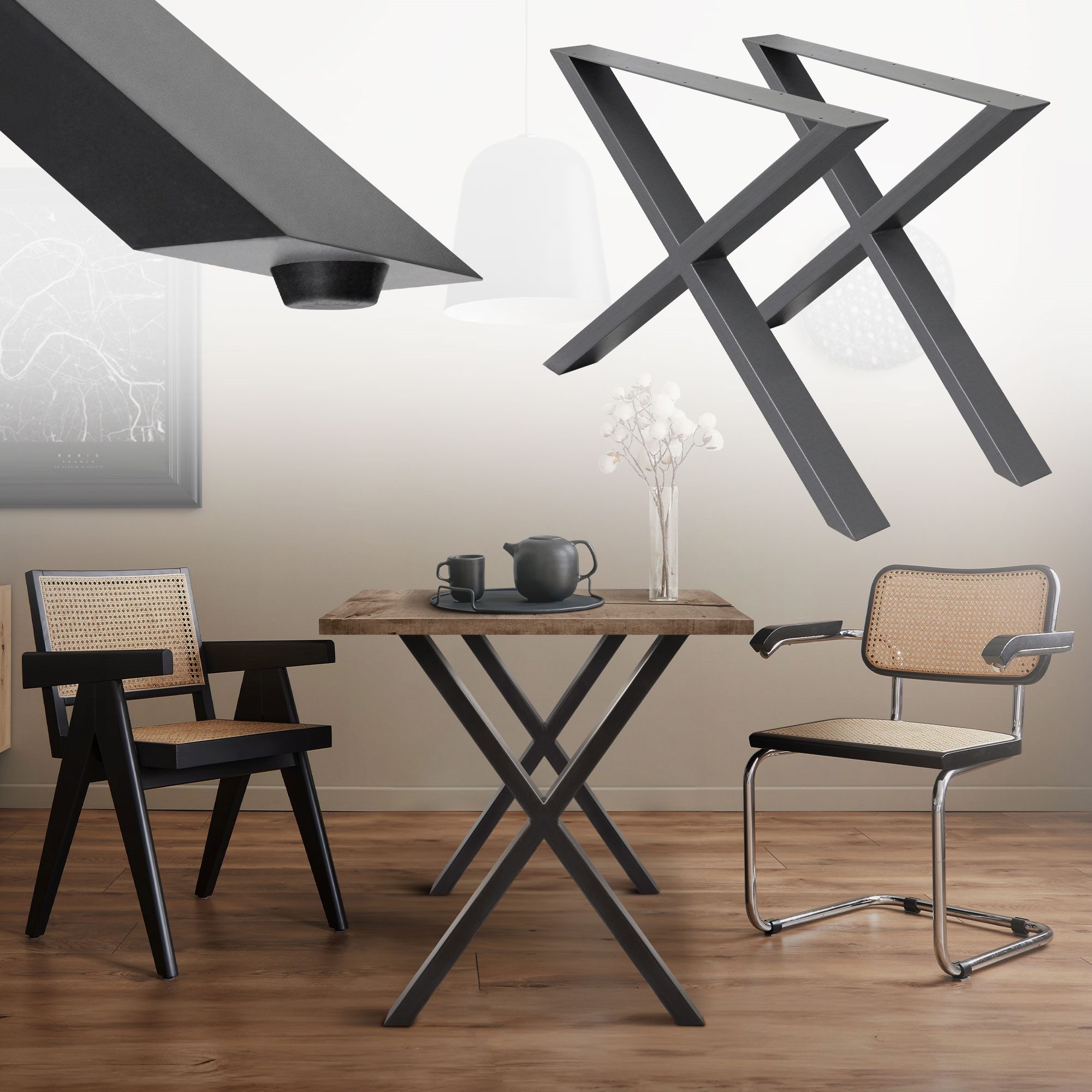 ECD Germany Tischbein 2x Tischbeine X-Design aus pulverbeschichtetem Stahl Industriedesign, Tischgestell Kreuzgestell 60x72 cm Metall Tischkufen Möbelfüße