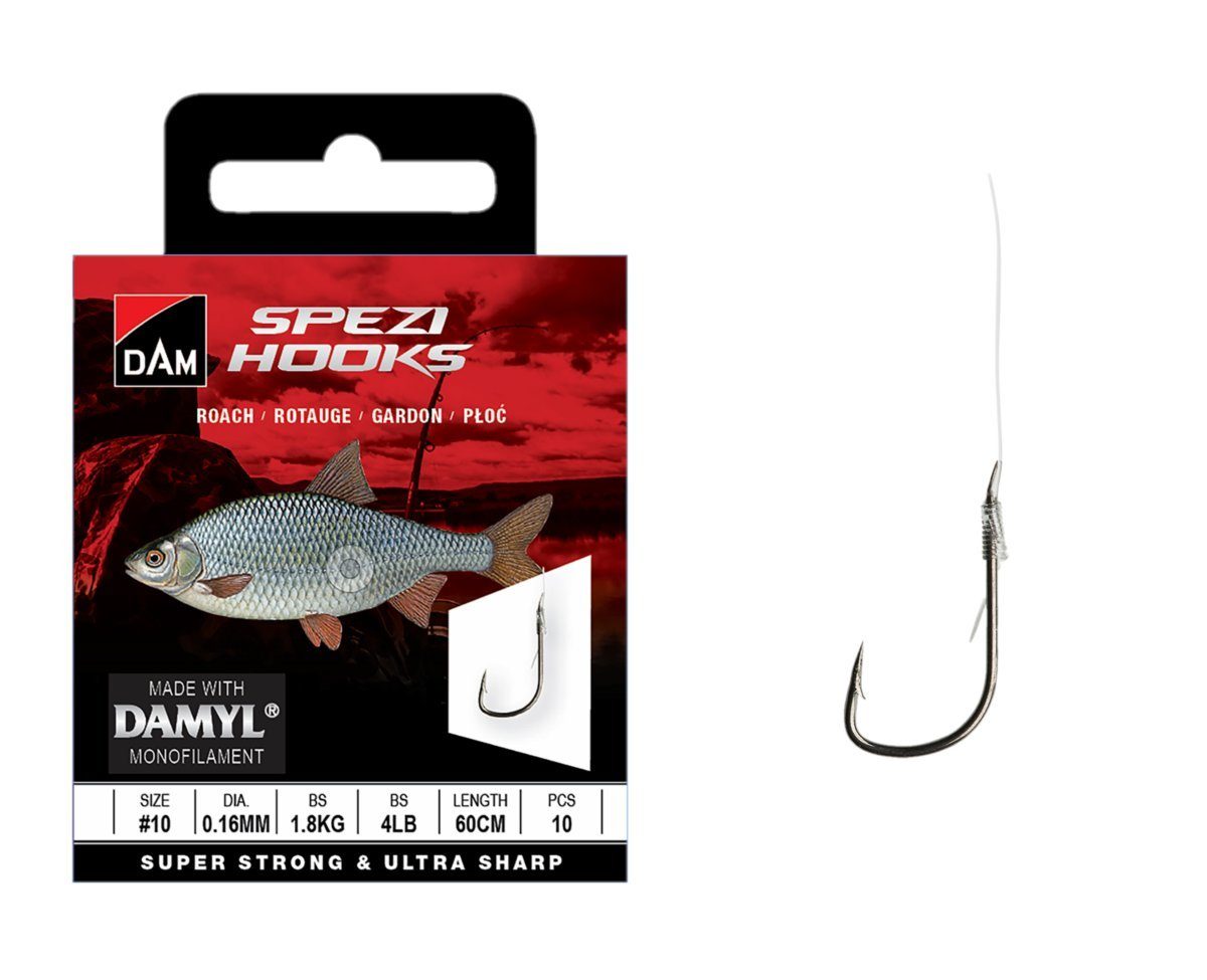 DAM Fishing Stipphaken Vorfachhaken Spezi Roach Größen 10 12 14 16 18 Vorfachl. 60cm Rotauge, (Spar-Set), geeignetste Hakenmodell und die passende monofile Schnur